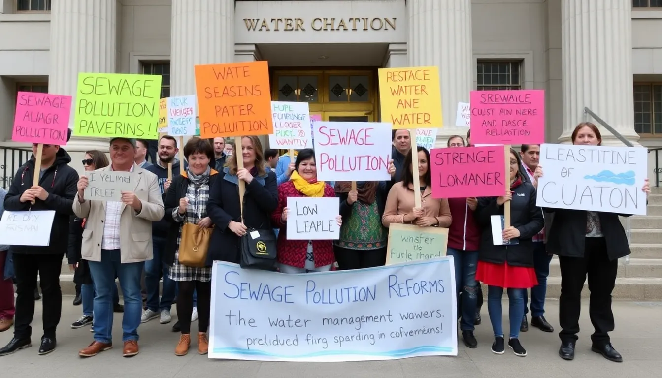 Protesters gather outside a government building, holding signs demanding action against sewage pollution and advocating for stronger water management reforms.