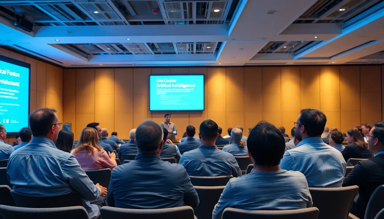 A conference room filled with tech professionals discussing the implications of AI integration in business strategies