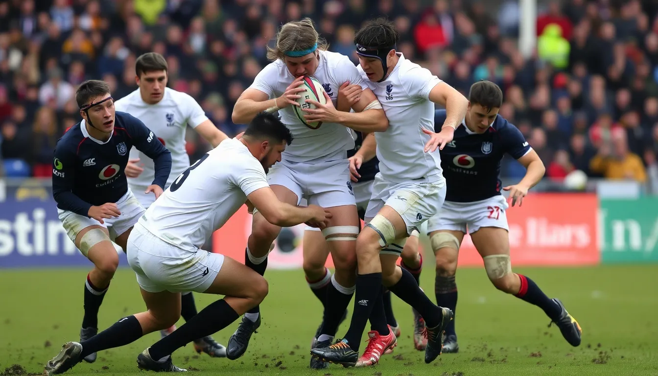 A closeup of a rugby ball being kicked during a match, symbolizing the competitive spirit of the Six Nations