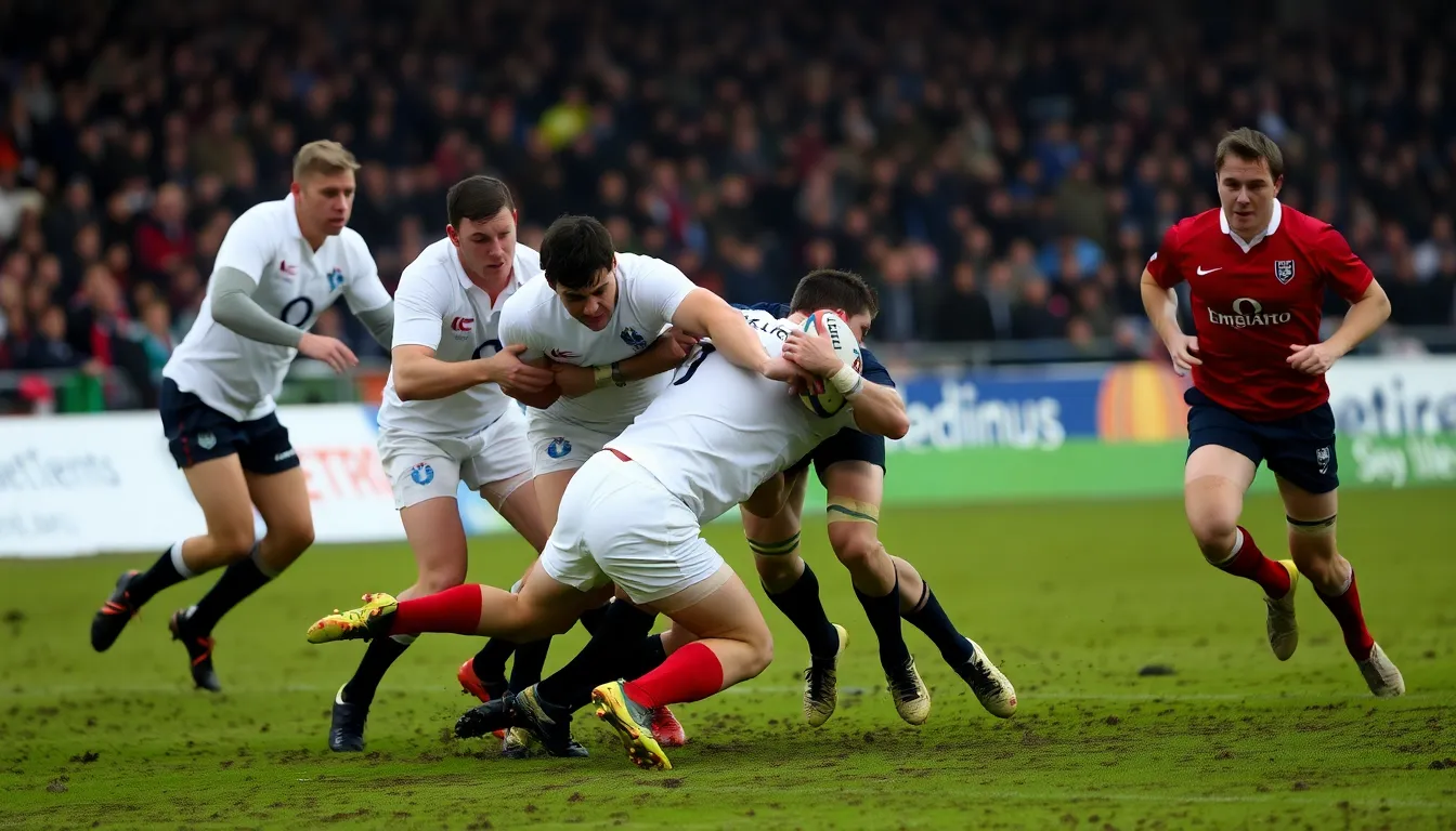 Players from England and France compete fiercely for possession of the ball during a tense moment in the Six Nations Championship match.