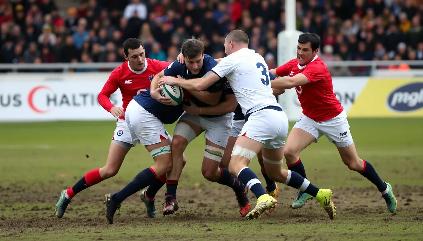 Fans wearing national jerseys enthusiastically cheering in the stands, showcasing their support for their rugby teams