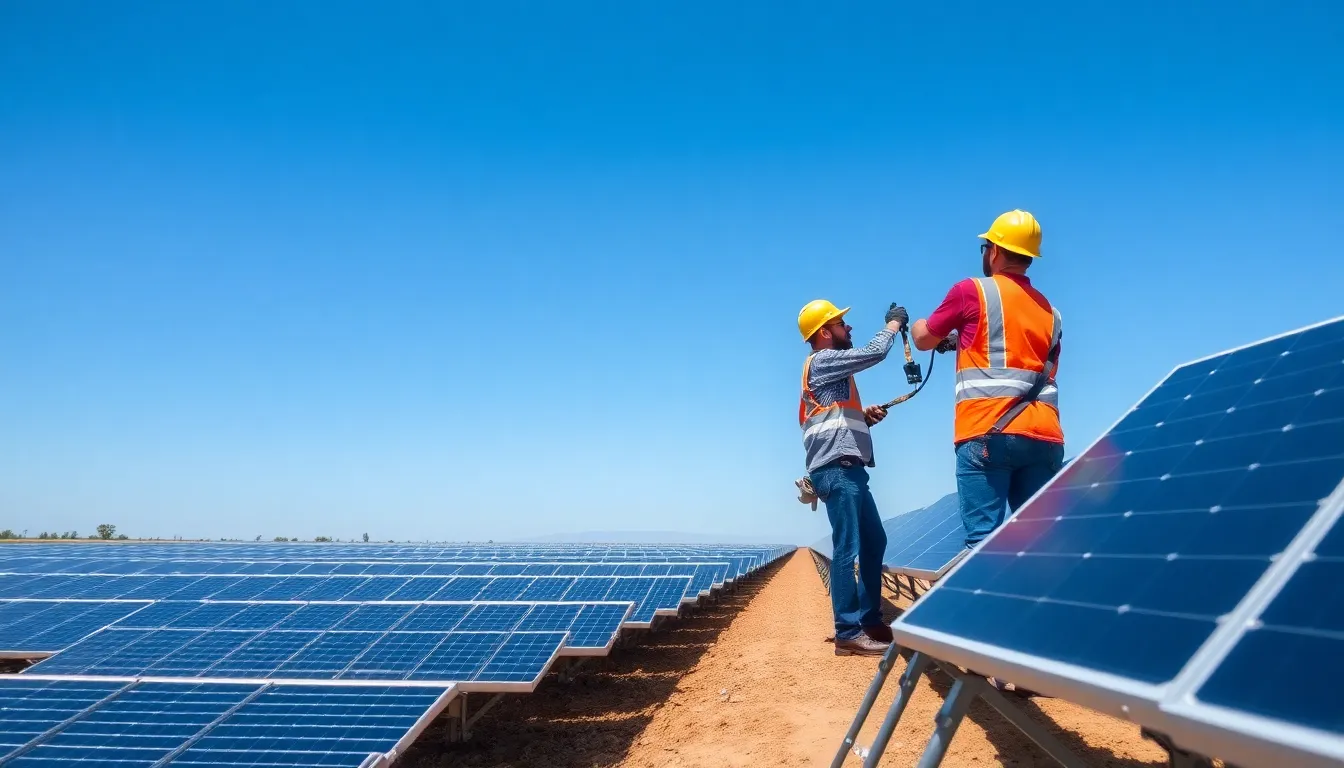 Workers in hard hats and safety vests collaborate on the construction of a solar farm, highlighting the job creation potential associated with renewable energy initiatives