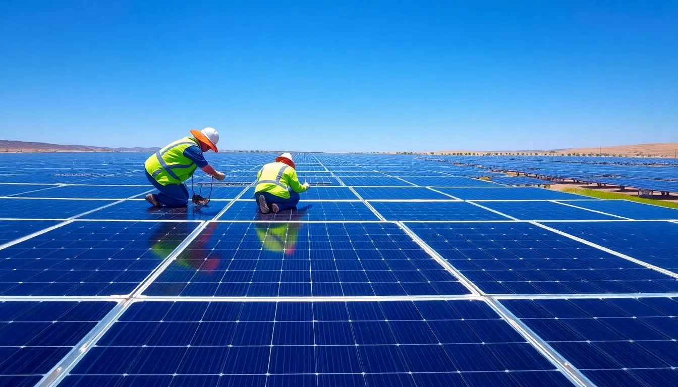 Workers install solar panels at a newly developed solar farm, showcasing rows of gleaming panels under a clear blue sky.