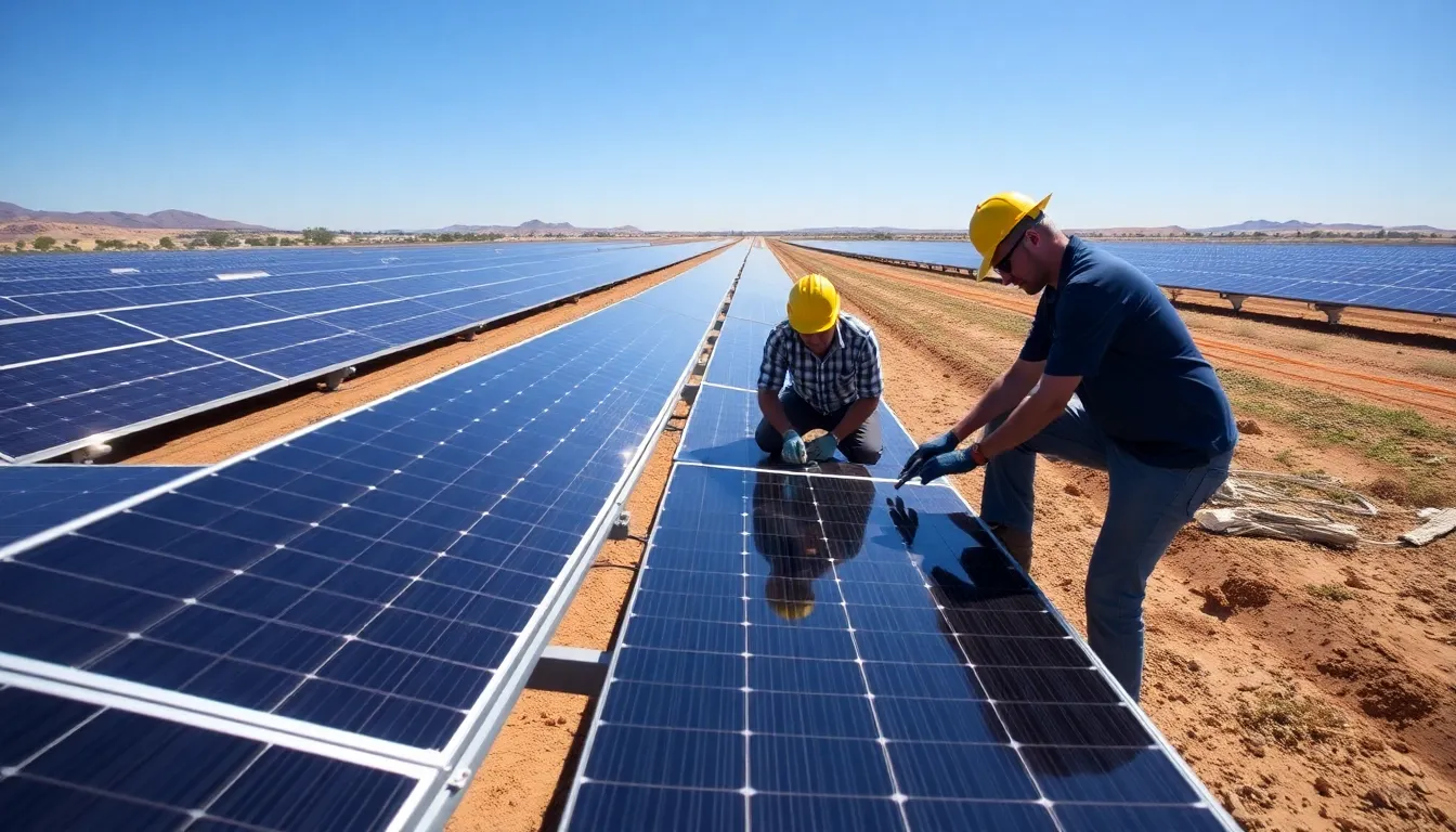 A panoramic view of rural land being transformed by solar installations, illustrating the economic opportunities and challenges faced by local residents as solar energy expands