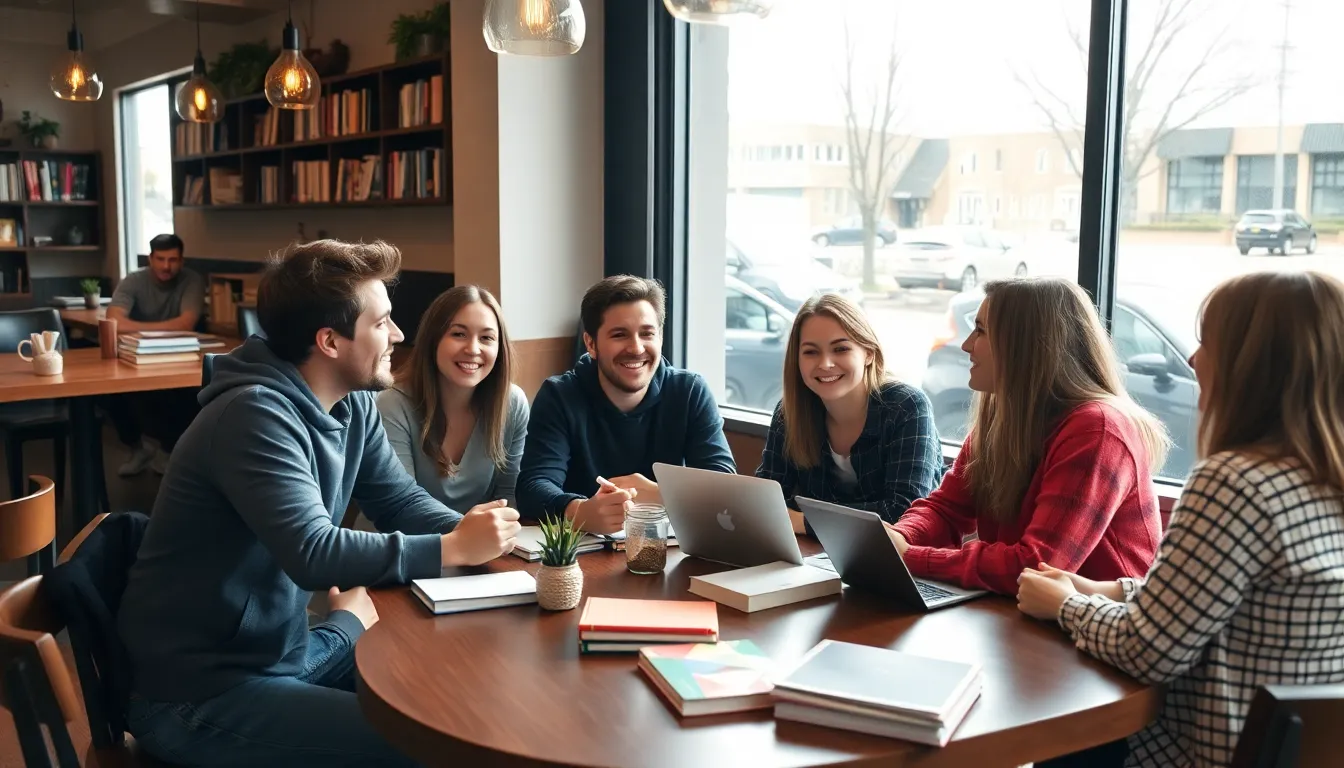a group of young adults engages in a lively discussion about relationships and the concept of soulmates at a coffee shop, surrounded by books and laptops.