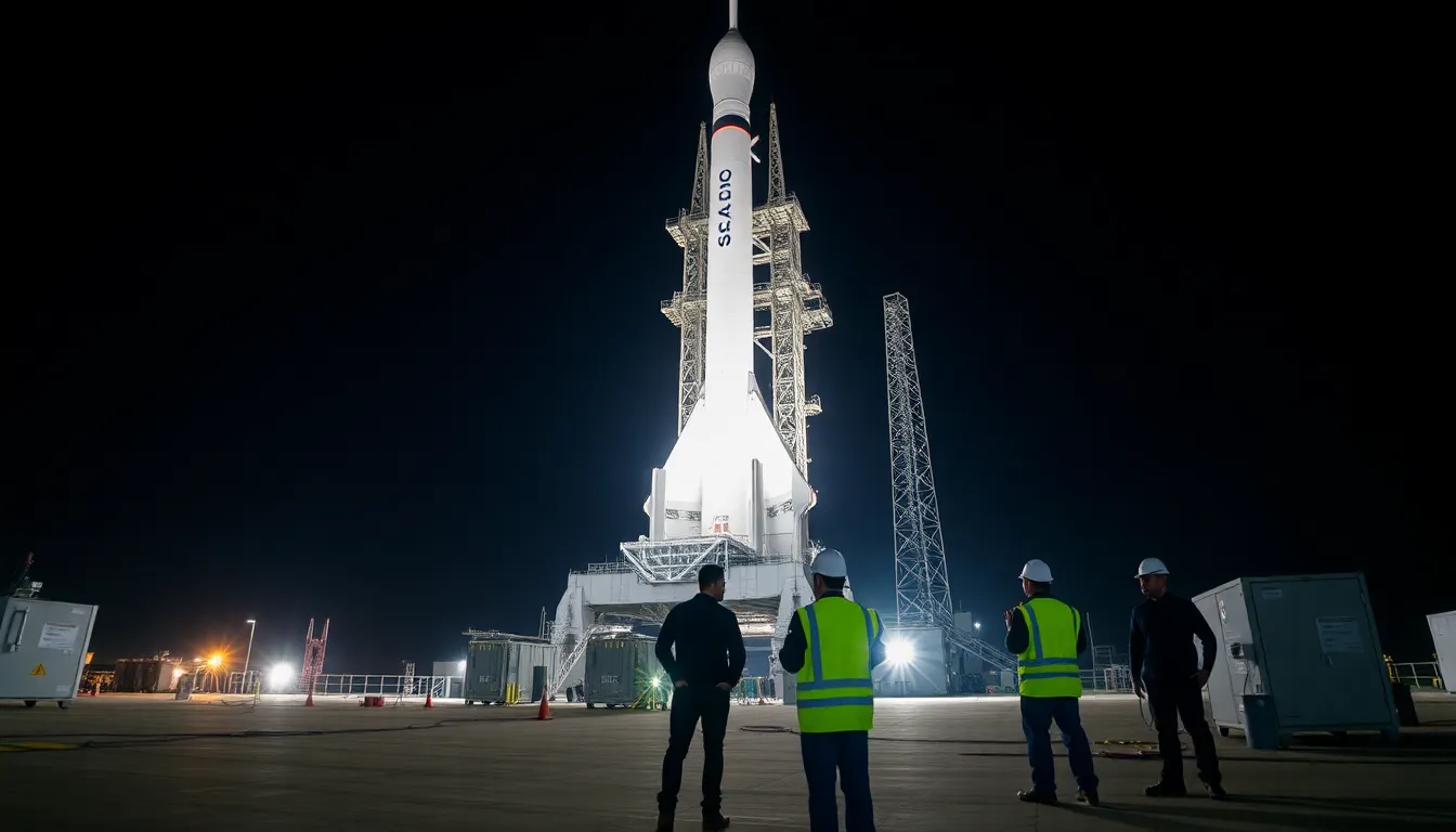 A SpaceX rocket stands on the launch pad, preparing for a mission to deploy a new satellite constellation aimed at enhancing global internet access.