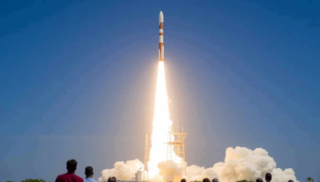 A Falcon 9 rocket ascends into the sky, leaving a trail of smoke as it launches from the Kennedy Space Center in Florida, carrying astronauts to the International Space Station.