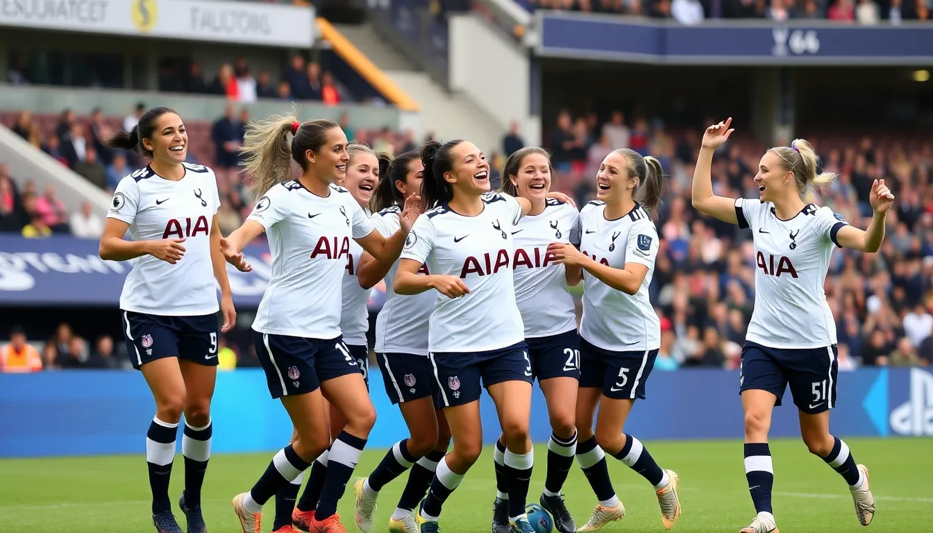 Tottenham Hotspur Women's team celebrates after scoring one of their seven goals against Aston Villa during a dominant match at the Tottenham Hotspur Stadium.