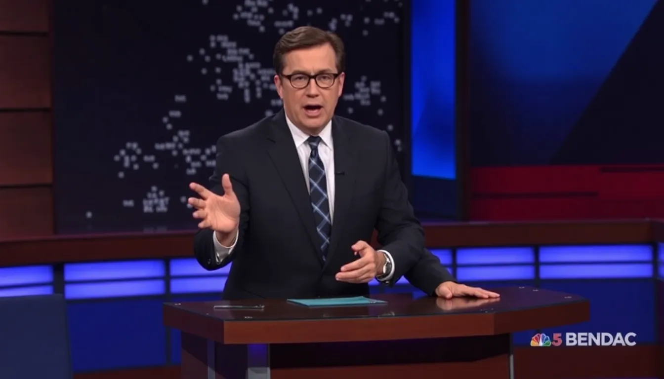 Stephen Colbert gestures animatedly while discussing CBS's statement about the cancellation of an interview with Texas State Representative James Talarico during his latenight show.