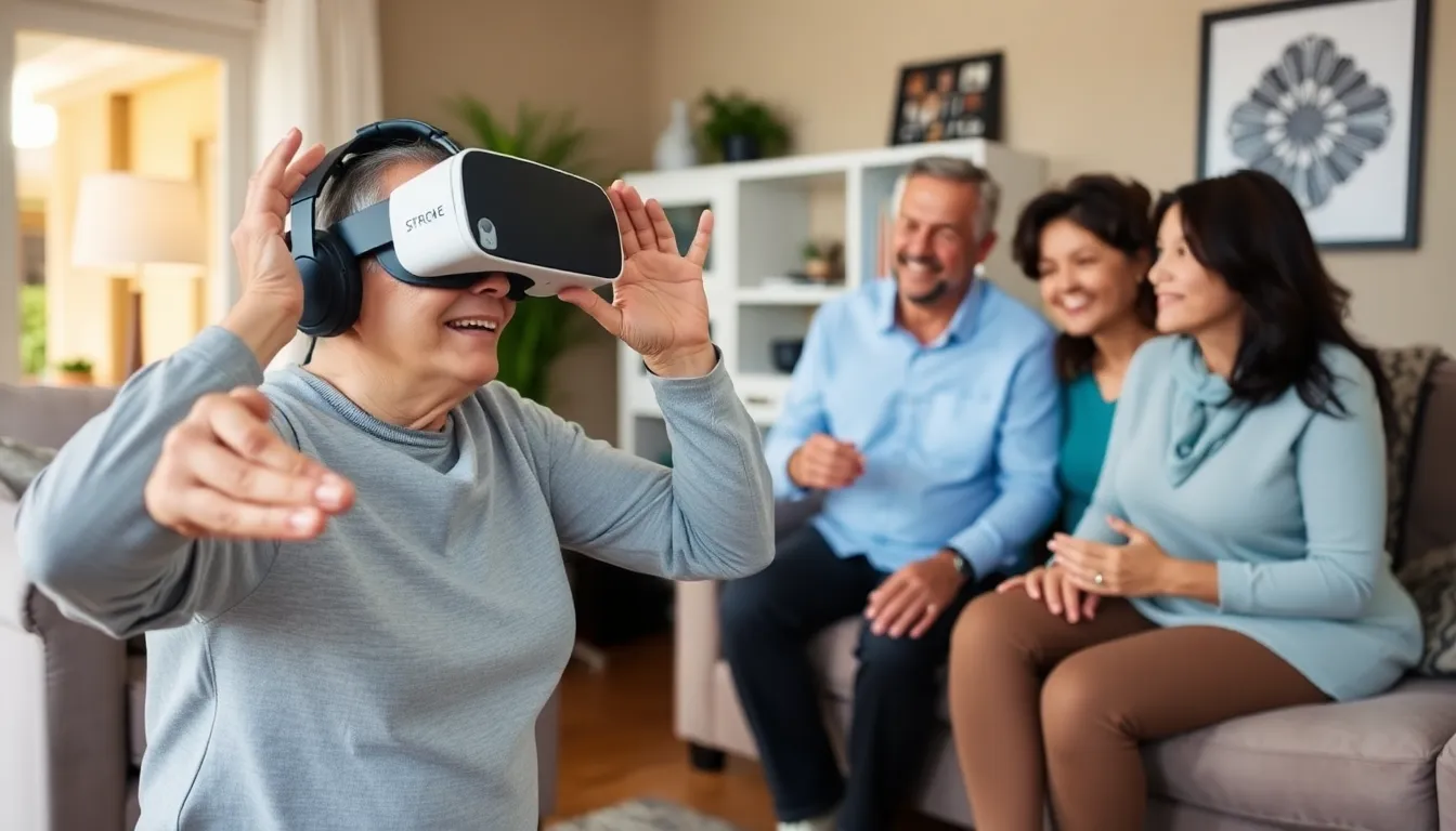 A stroke survivor practices rehabilitation exercises using a virtual reality headset at home, surrounded by supportive family members.