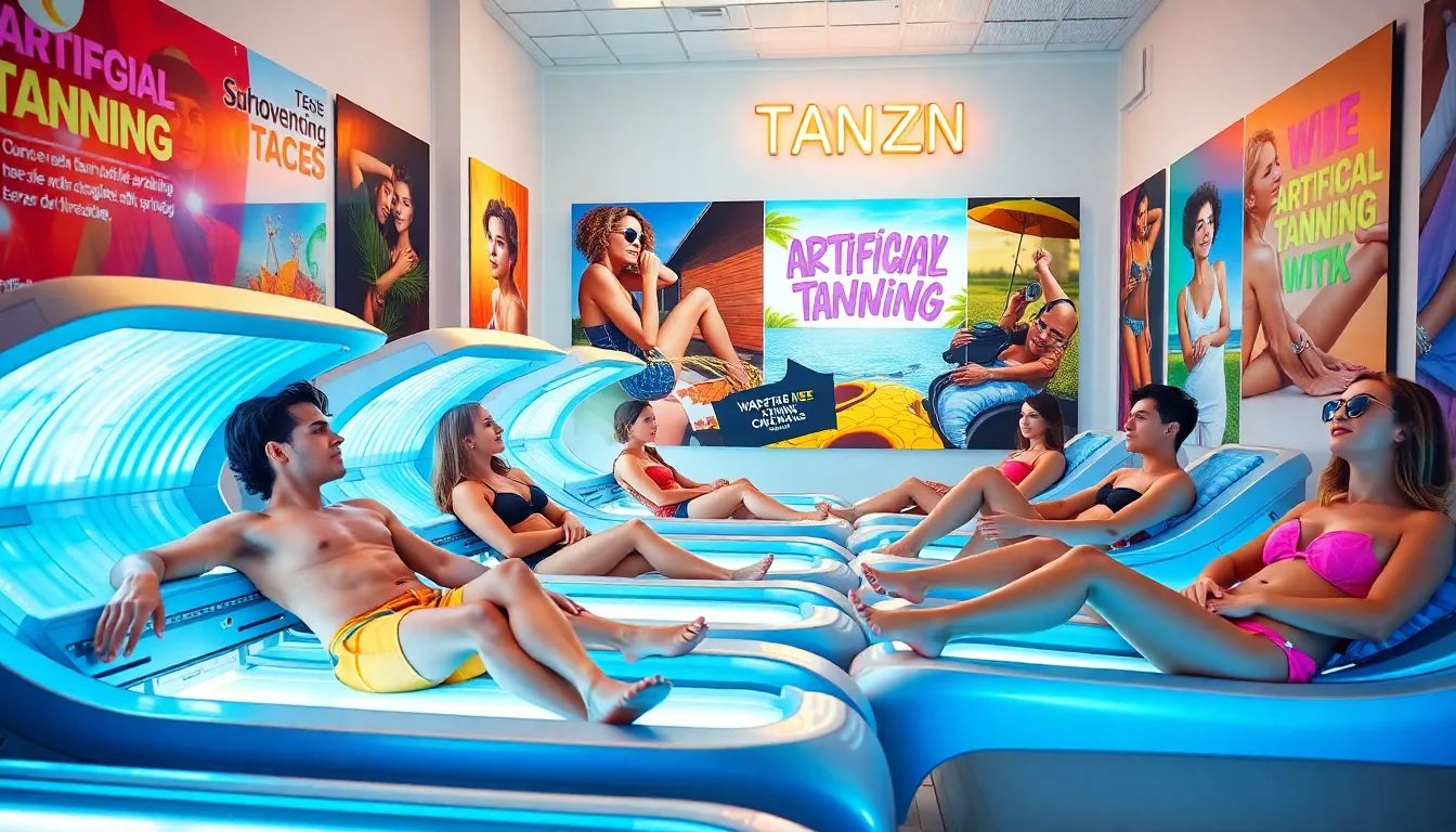 A group of friends enjoying a day out, with one holding a tanning product, reflecting the societal pressure to achieve a bronzed appearance