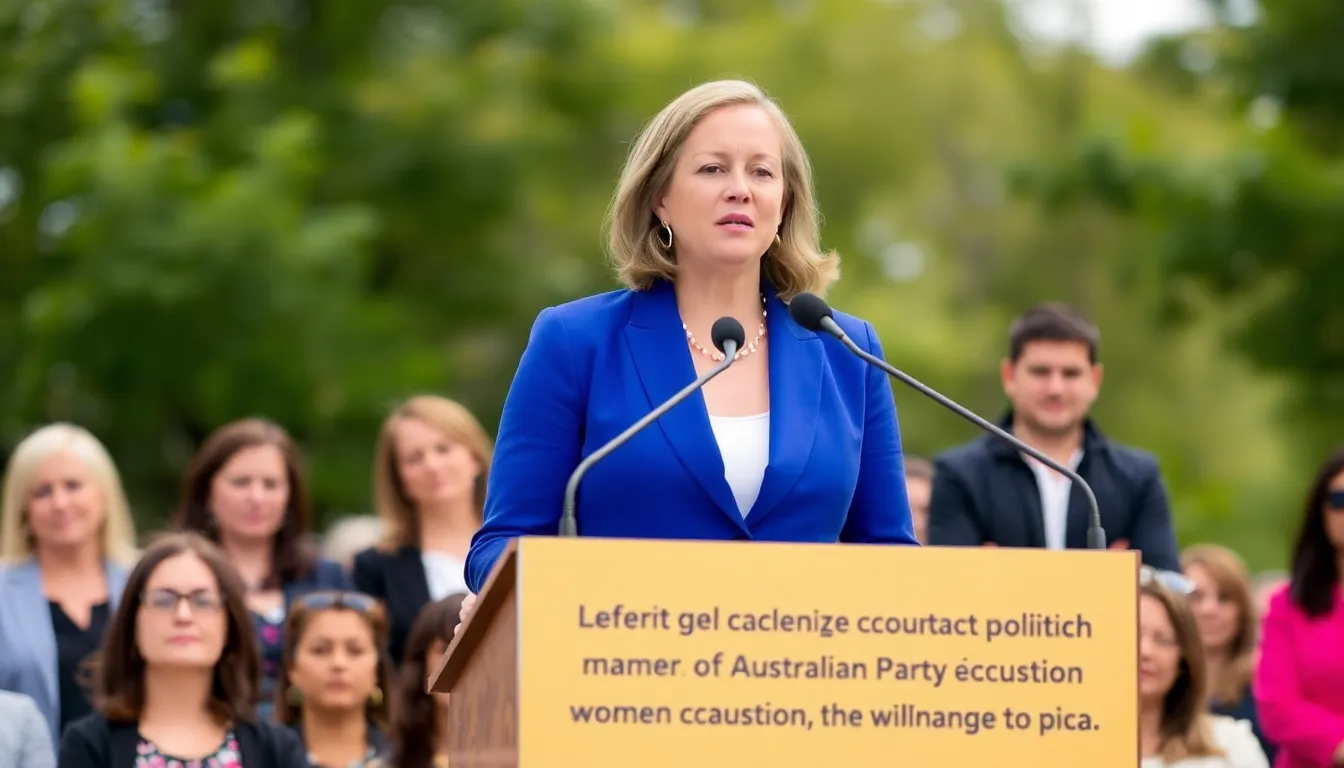 Sussan Ley stands at a podium addressing a crowd, highlighting the ongoing challenges women face in Australian politics amid discussions of leadership changes within the Liberal Party.