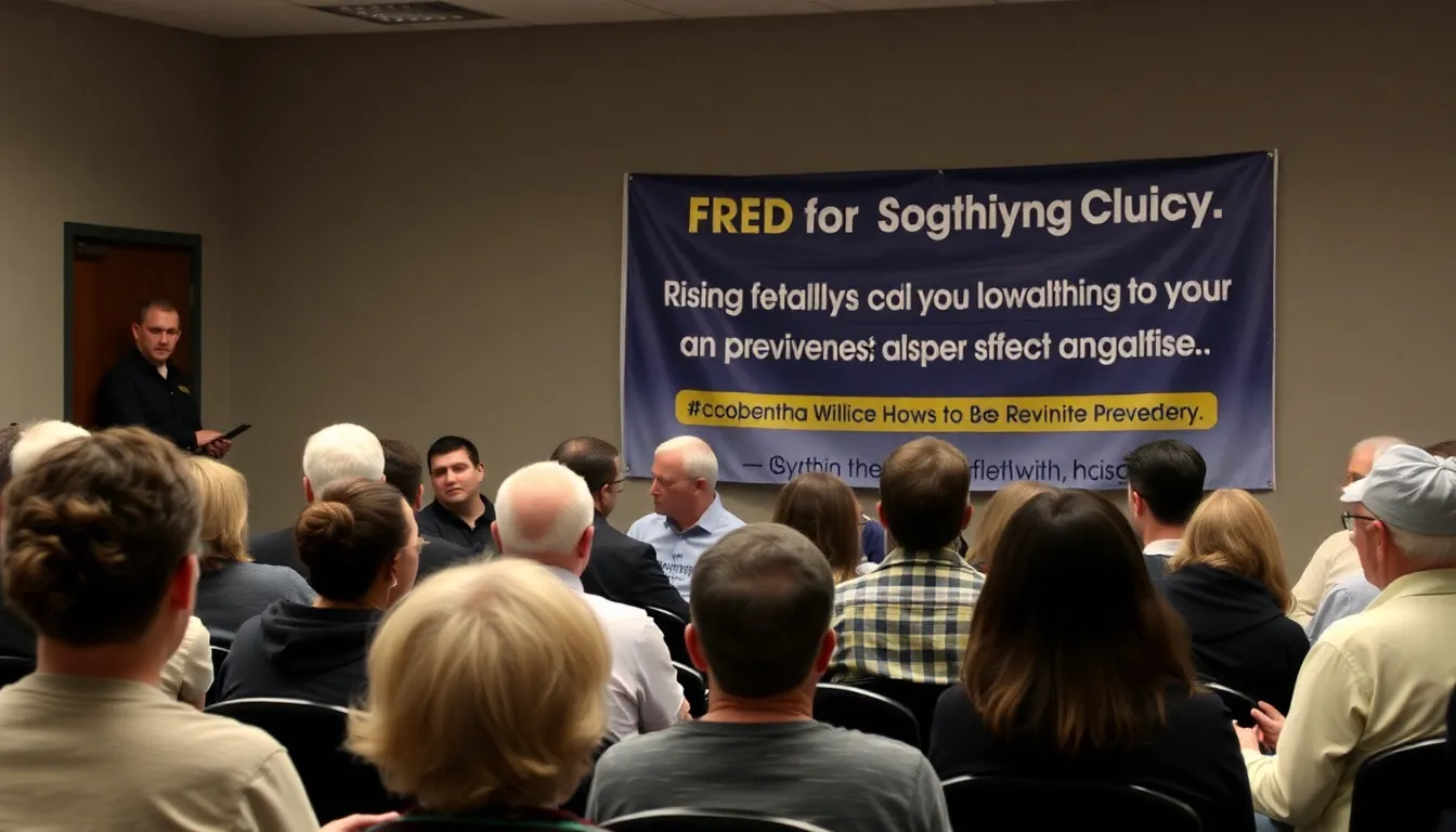 A group of concerned community members gathers at a local town hall meeting to discuss the rising fatalities linked to synthetic drugs, with a banner in the background advocating for increased awareness and prevention efforts.