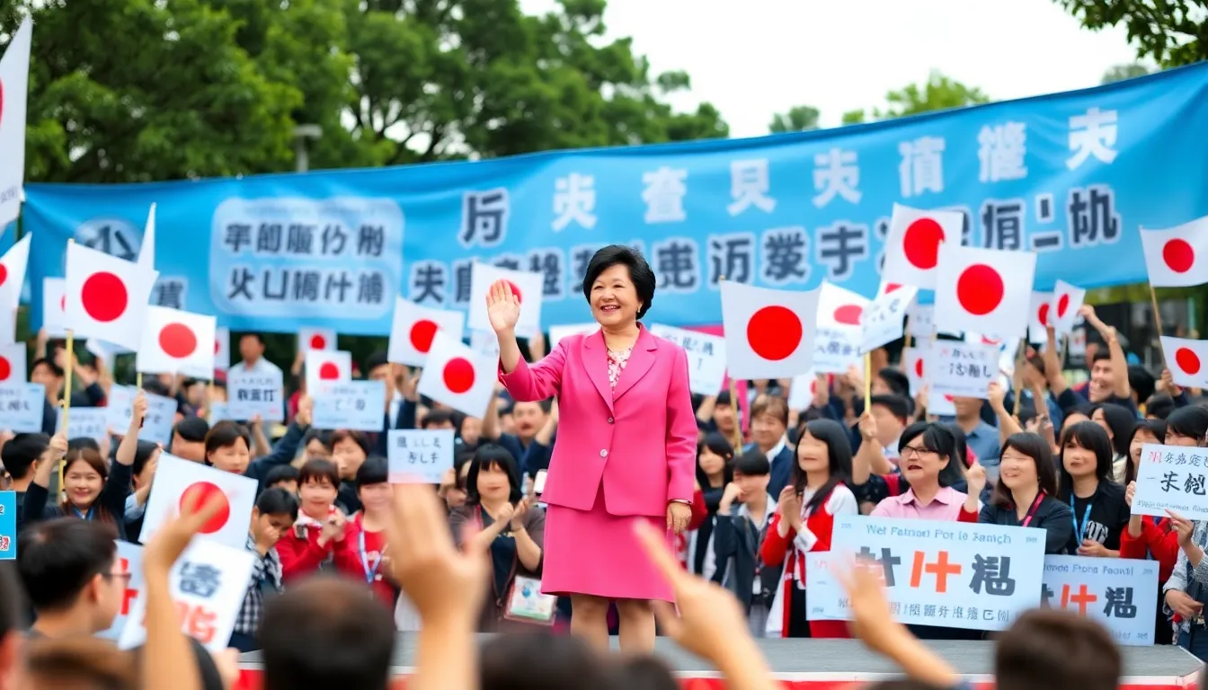 Fumio Takaichi celebrates her historic victory as Japan's first female leader of the Liberal Democratic Party with supporters holding banners and flags at a rally.