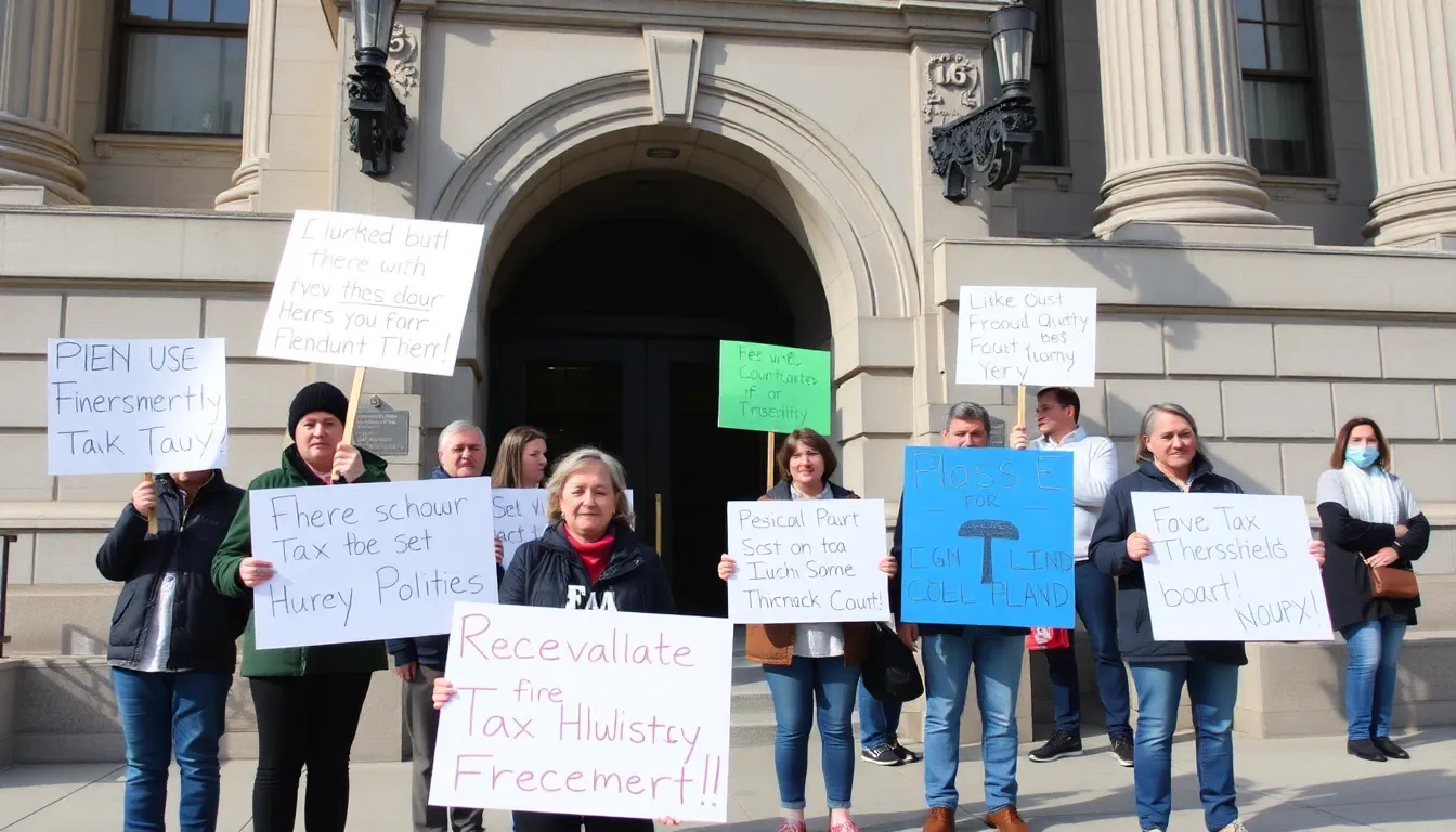 A group of concerned citizens gathers outside a government building, holding signs advocating for a reevaluation of tax policies in response to the recent tax threshold freeze.