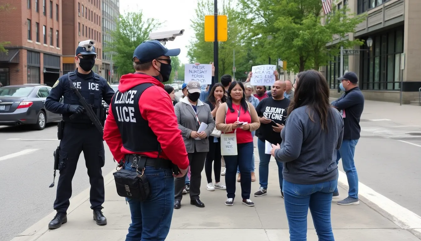 ICE agents are seen monitoring a street in Minneapolis, equipped with advanced surveillance technology as community members express concern over privacy and civil rights.