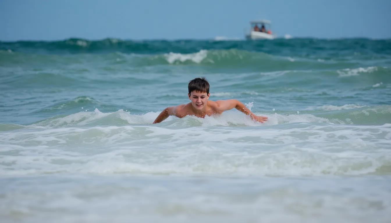 A teenager swims determinedly through rough waters to reach the shore after a family becomes stranded on a small boat off the Australian coast.