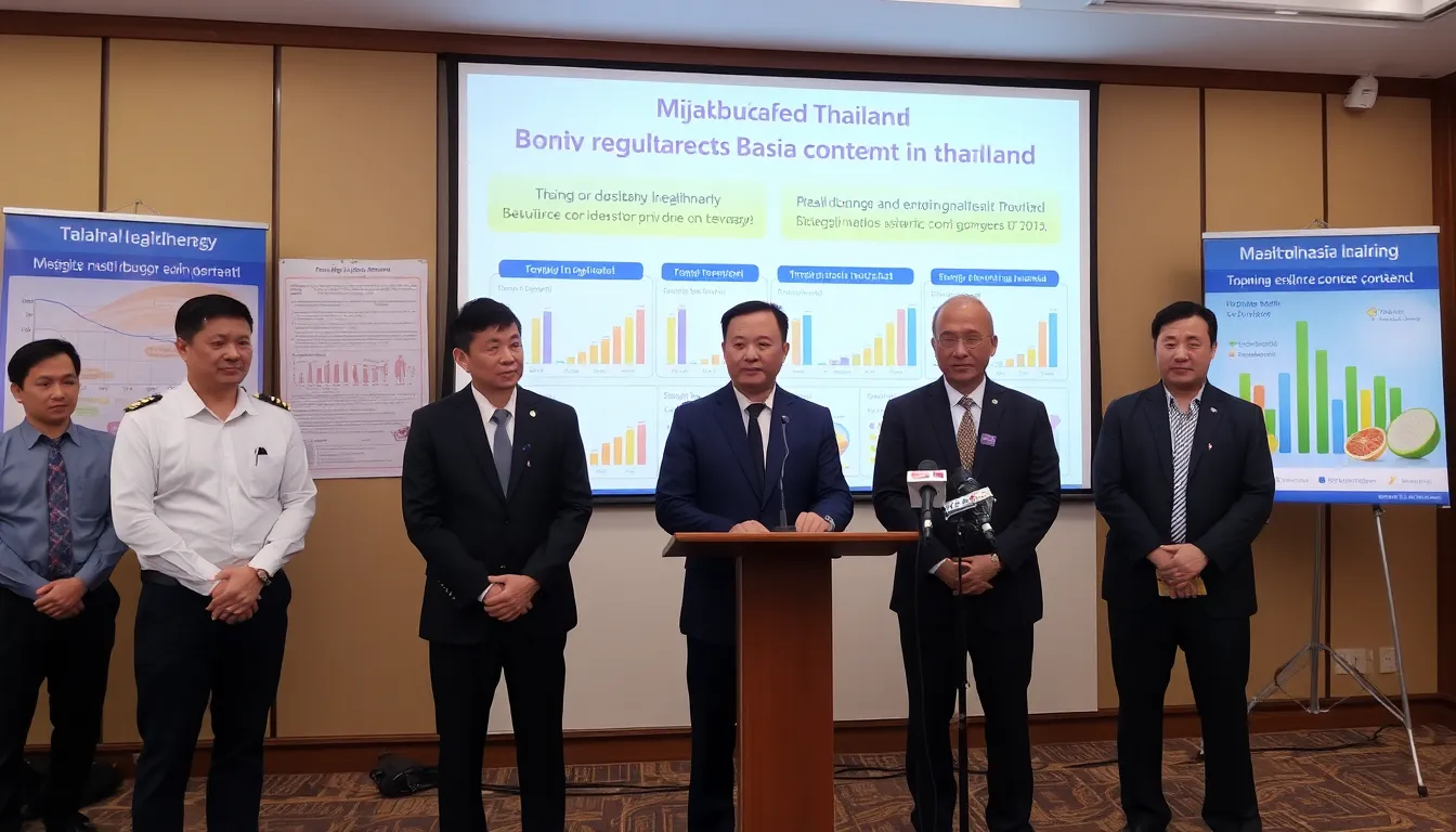 A group of Thai officials discusses new regulations aimed at reducing sugar content in beverages during a press conference, surrounded by charts and health statistics highlighting the country's rising obesity rates.