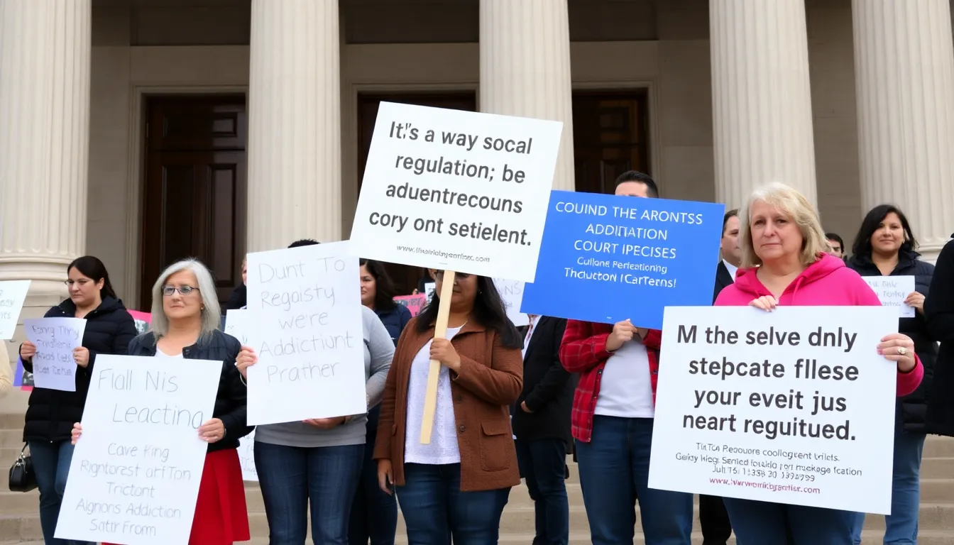 A group of parents stands outside a courthouse, holding signs advocating for stricter regulations on social media platforms in light of the recent TikTok settlement regarding addiction allegations.