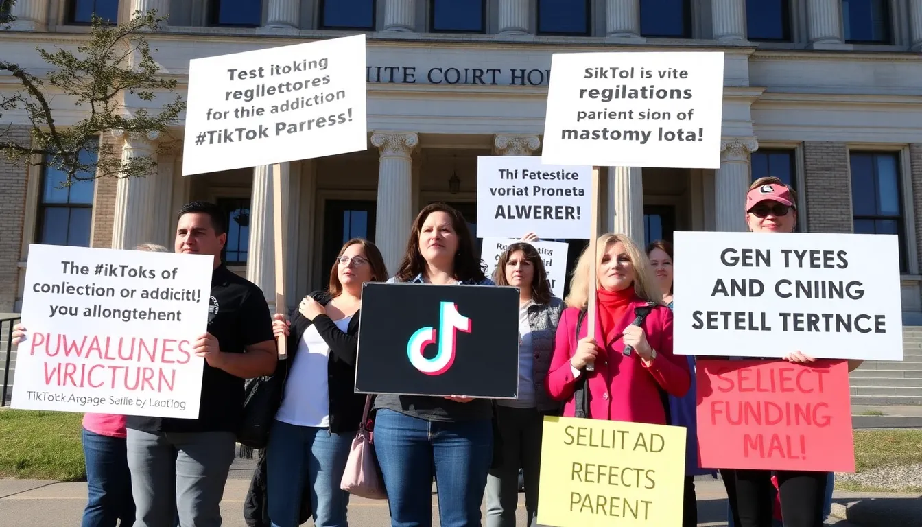 Advocacy groups rallying for mental health awareness and accountability from social media companies at a public event