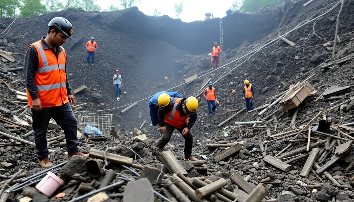 Rescue workers search for survivors at the site of a coal mine explosion in Meghalaya, where at least 18 miners lost their lives.