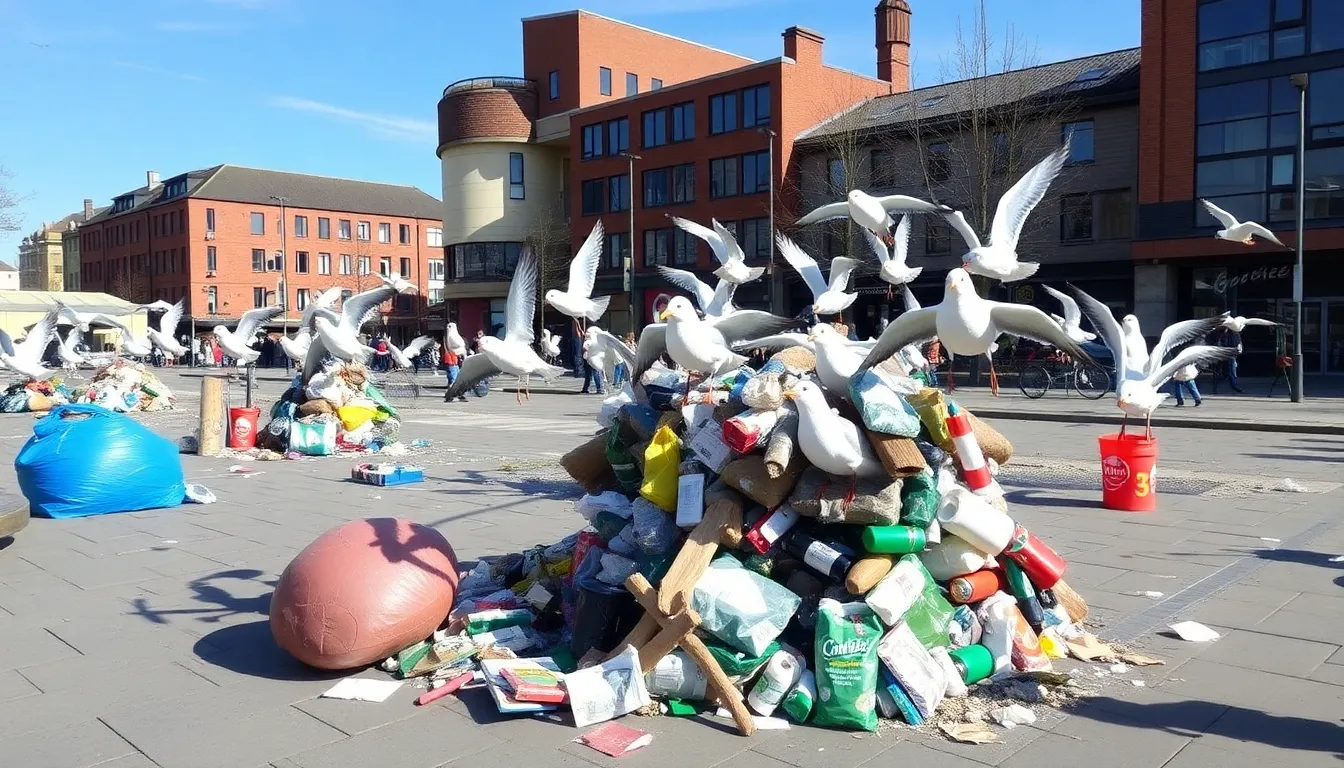 Local artists display trash art installations in Manchester, creatively addressing the ongoing debate about gulls and urban waste management.