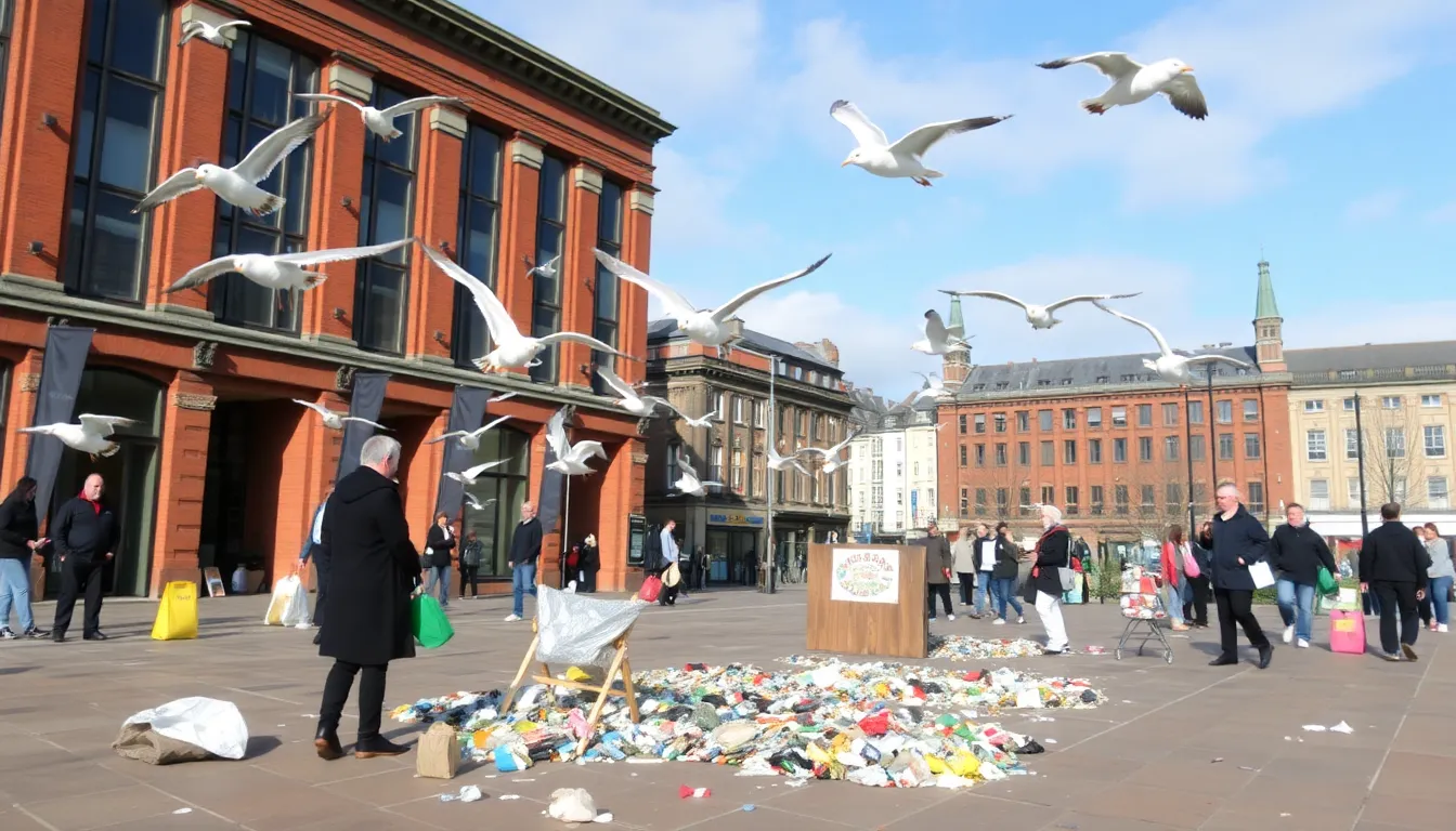 Residents participating in a public forum, actively discussing the challenges posed by gull behavior in urban environments, reflecting community concerns over cleanliness and safety