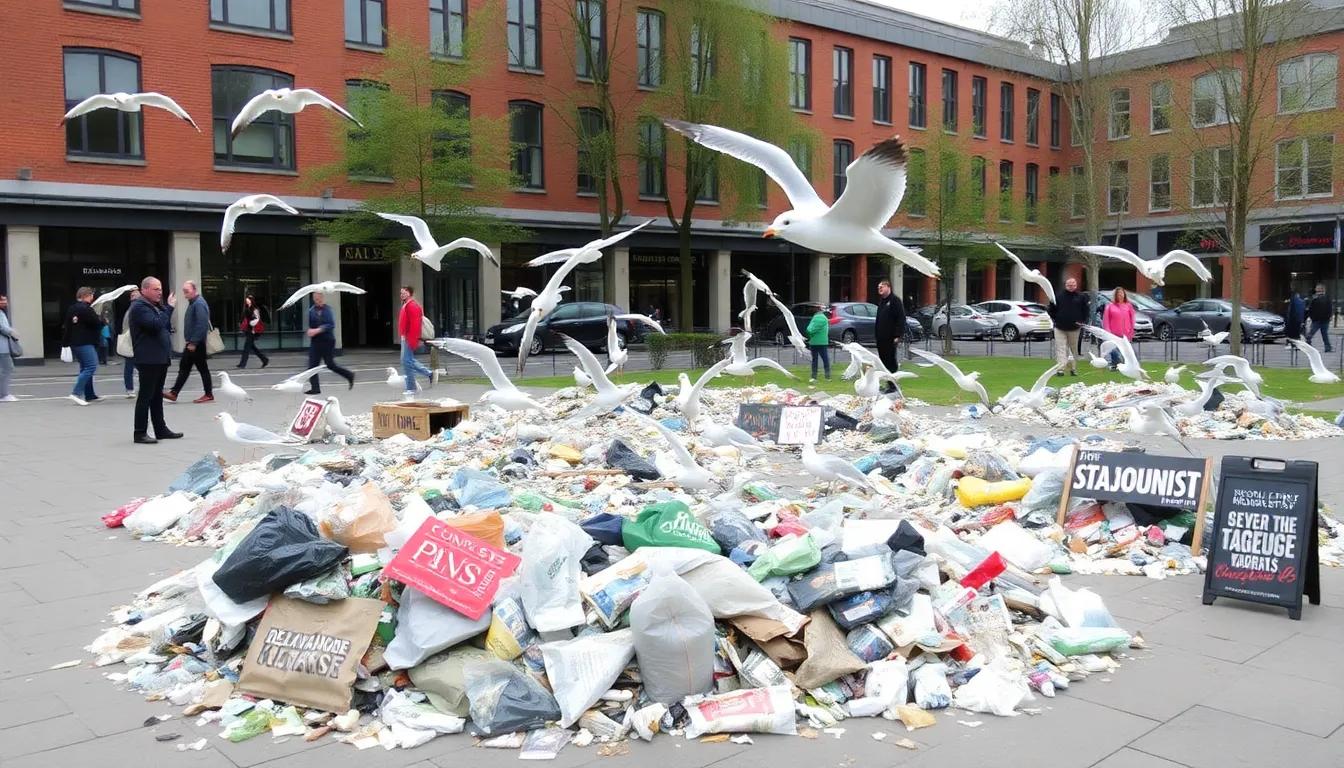 An artist meticulously working on a trash art piece, transforming discarded items into a visually striking representation of the relationship between urban life and wildlife