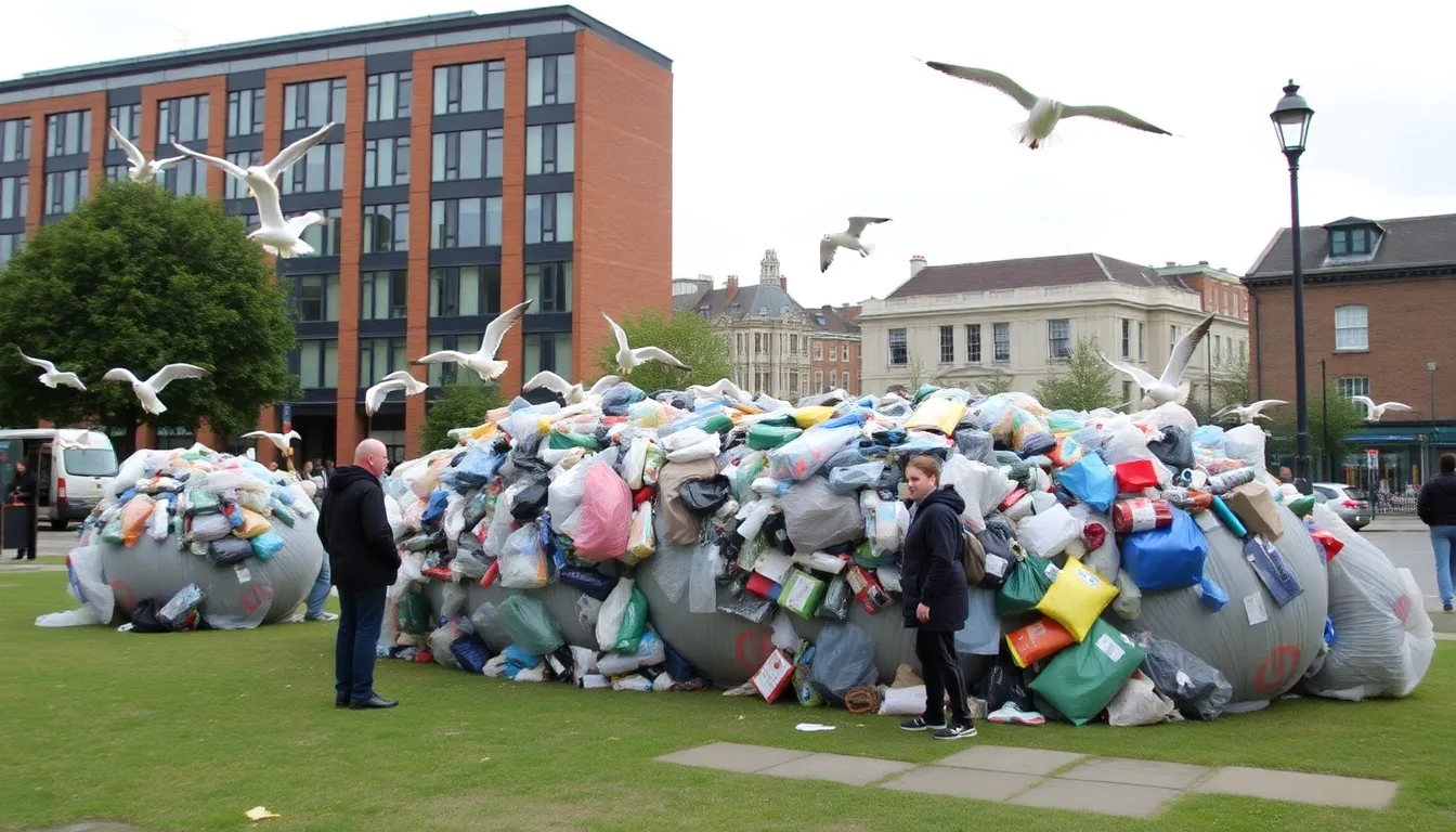 A bustling city street scene where a trash art installation coexists with local businesses, illustrating the impact of art on urban aesthetics and community engagement amid the ongoing debate about gulls