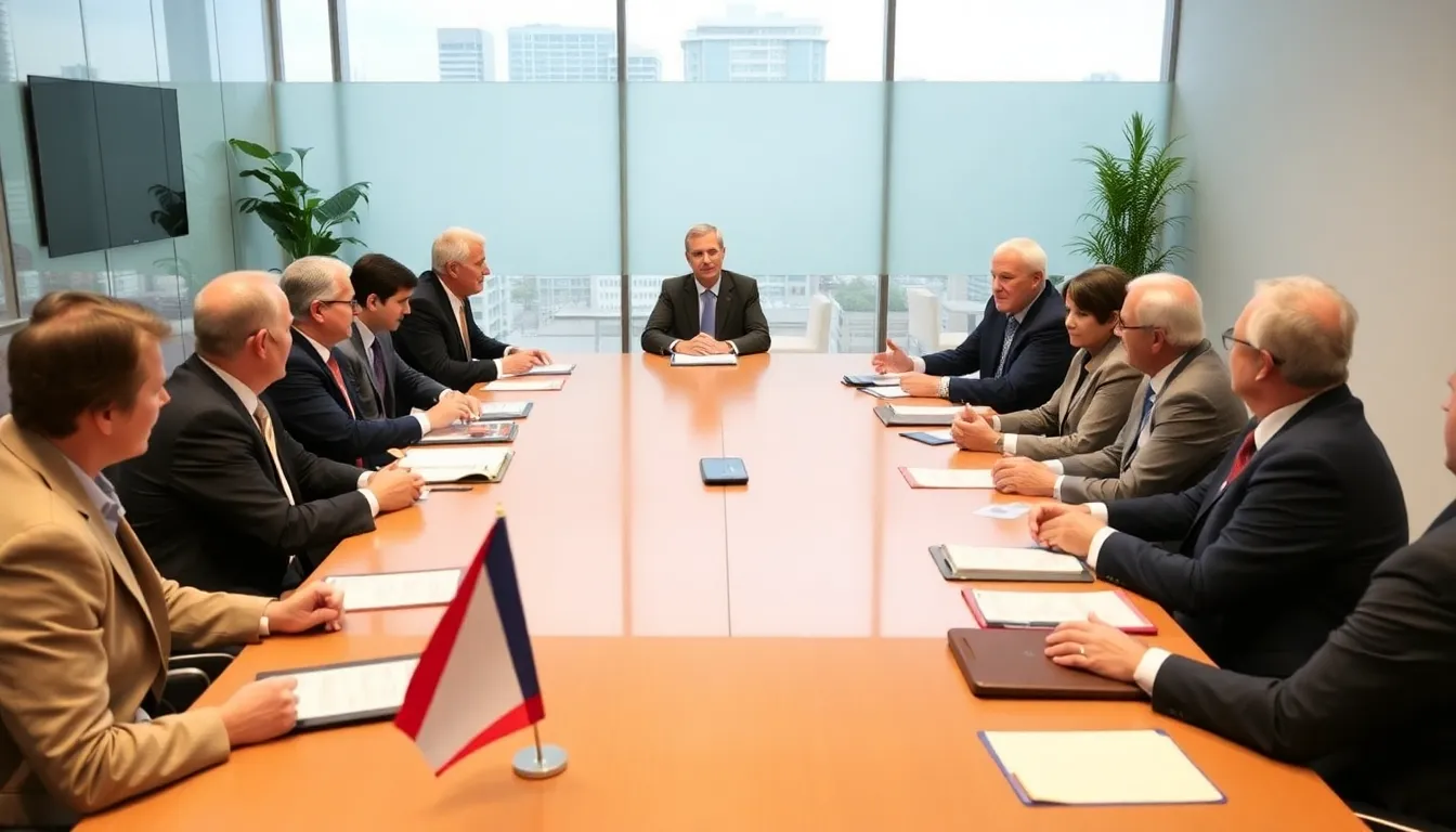 A group of trade representatives and industry leaders gather around a conference table, engaged in discussions about tariff policies and their economic impact.