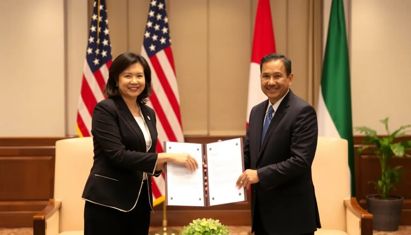 U.S. Trade Representative Katherine Tai and Indonesian Minister of Trade Zulkifli Hasan shake hands after signing a trade agreement that establishes a 19% tariff on various goods between the two nations.
