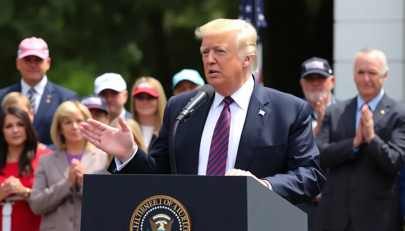 Former President Donald Trump speaks at a podium during a public address, emphasizing his intentions to impose tariffs on UK and EU goods, while a crowd of attendees listens attentively.
