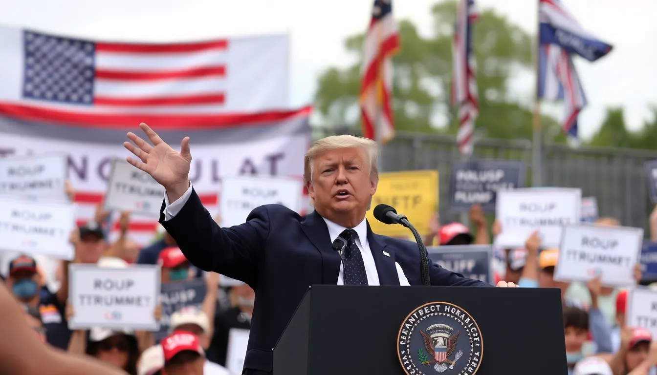 Former President Donald Trump gestures during a speech at a rally, discussing his interest in visiting Venezuela amid ongoing debates about U.S. oil strategy.