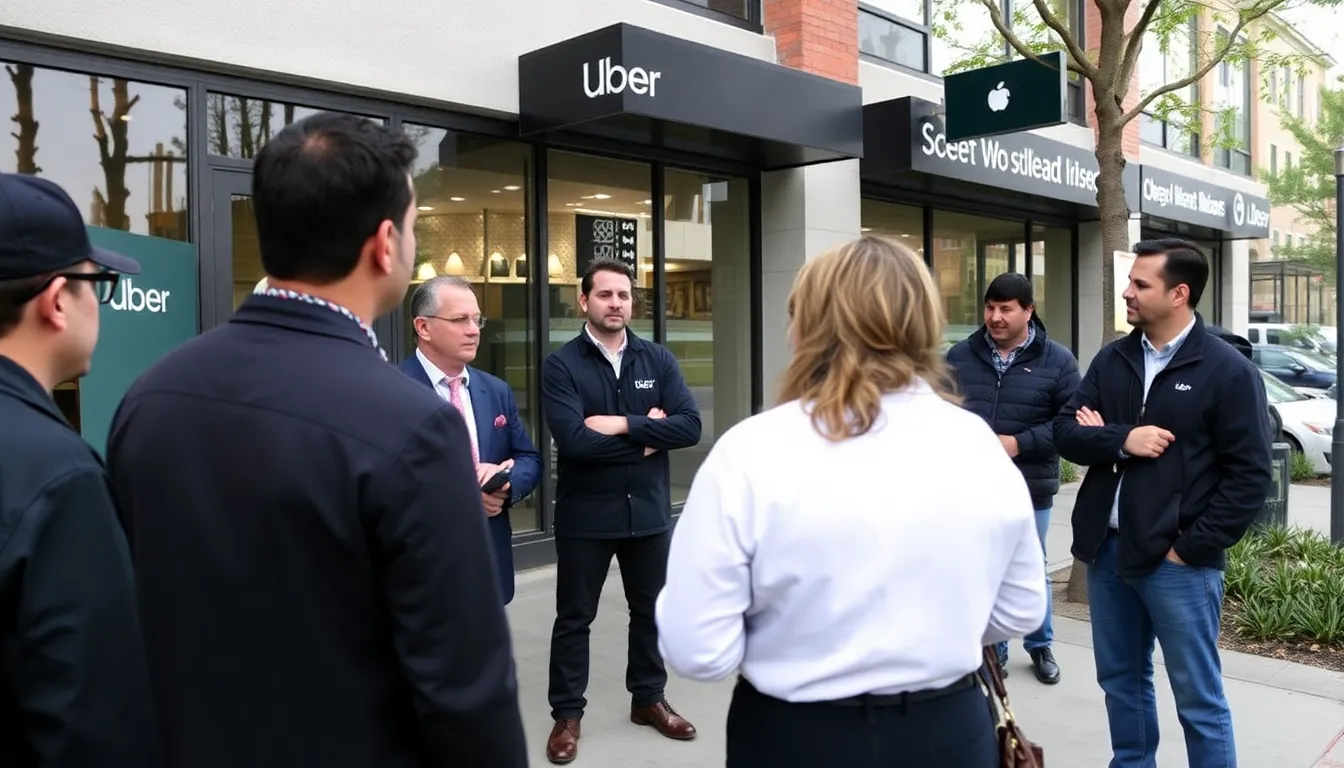 A group of Uber drivers gathers outside a city office, discussing the new safety measures and background check policies announced by the company.