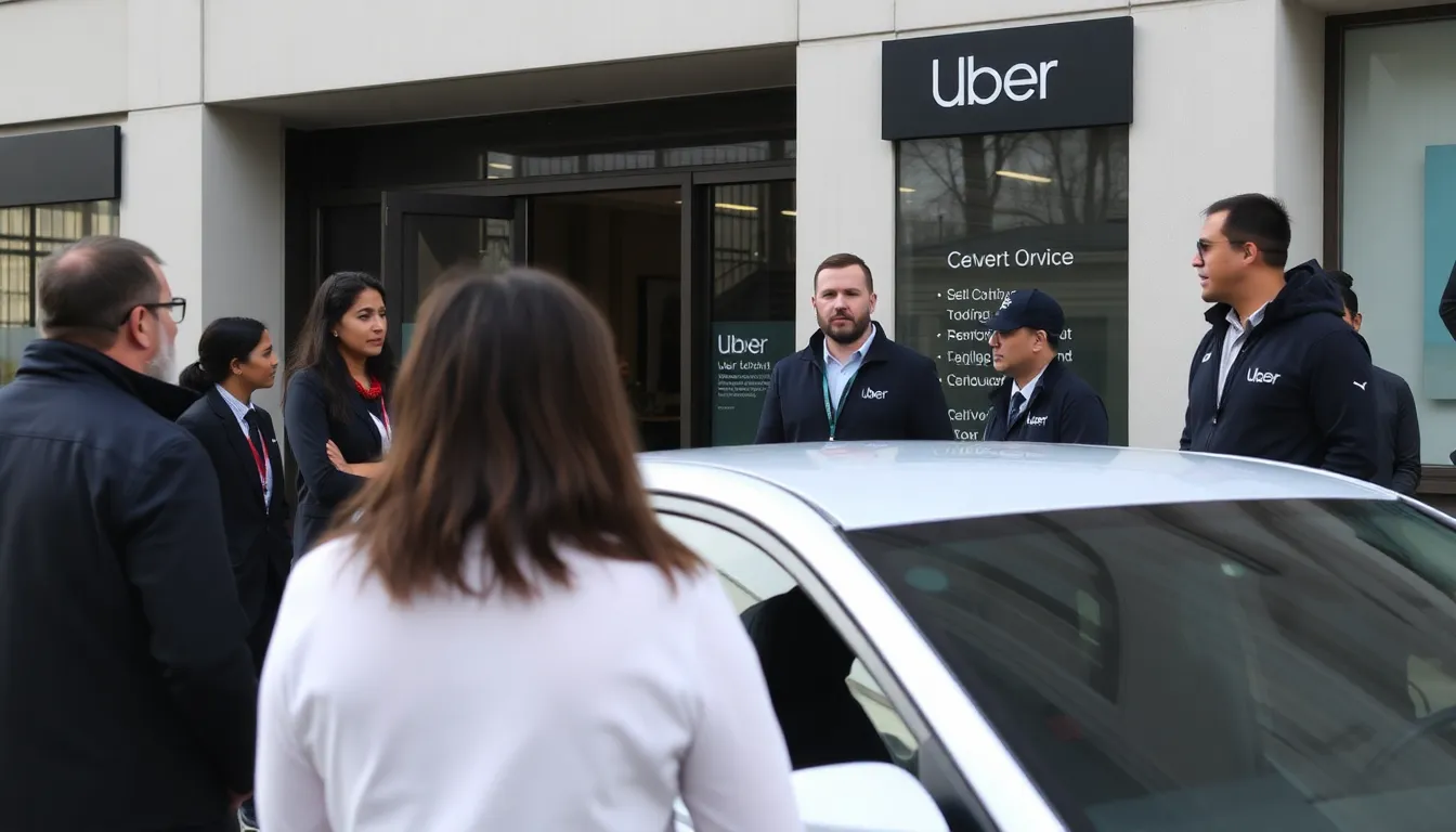 A busy urban street scene showing Uber vehicles picking up passengers, highlighting the importance of safety in the ridesharing industry