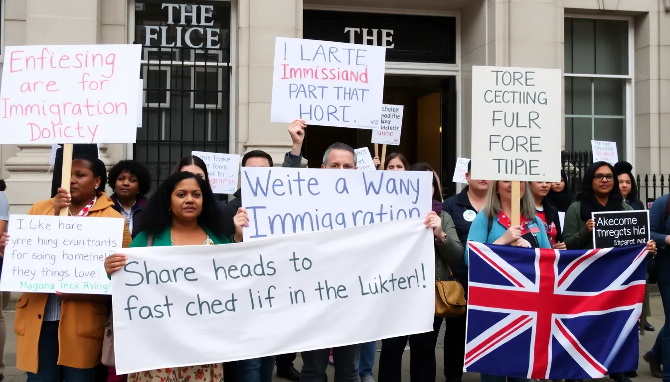 A group of people stands outside a government building, holding signs and banners advocating for more inclusive immigration policies amidst ongoing debates about the UK's migration trends.