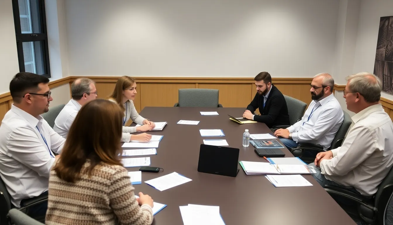 Researchers gather in a university conference room, discussing the implications of the UK's £8 billion research fund pausing new grant applications.
