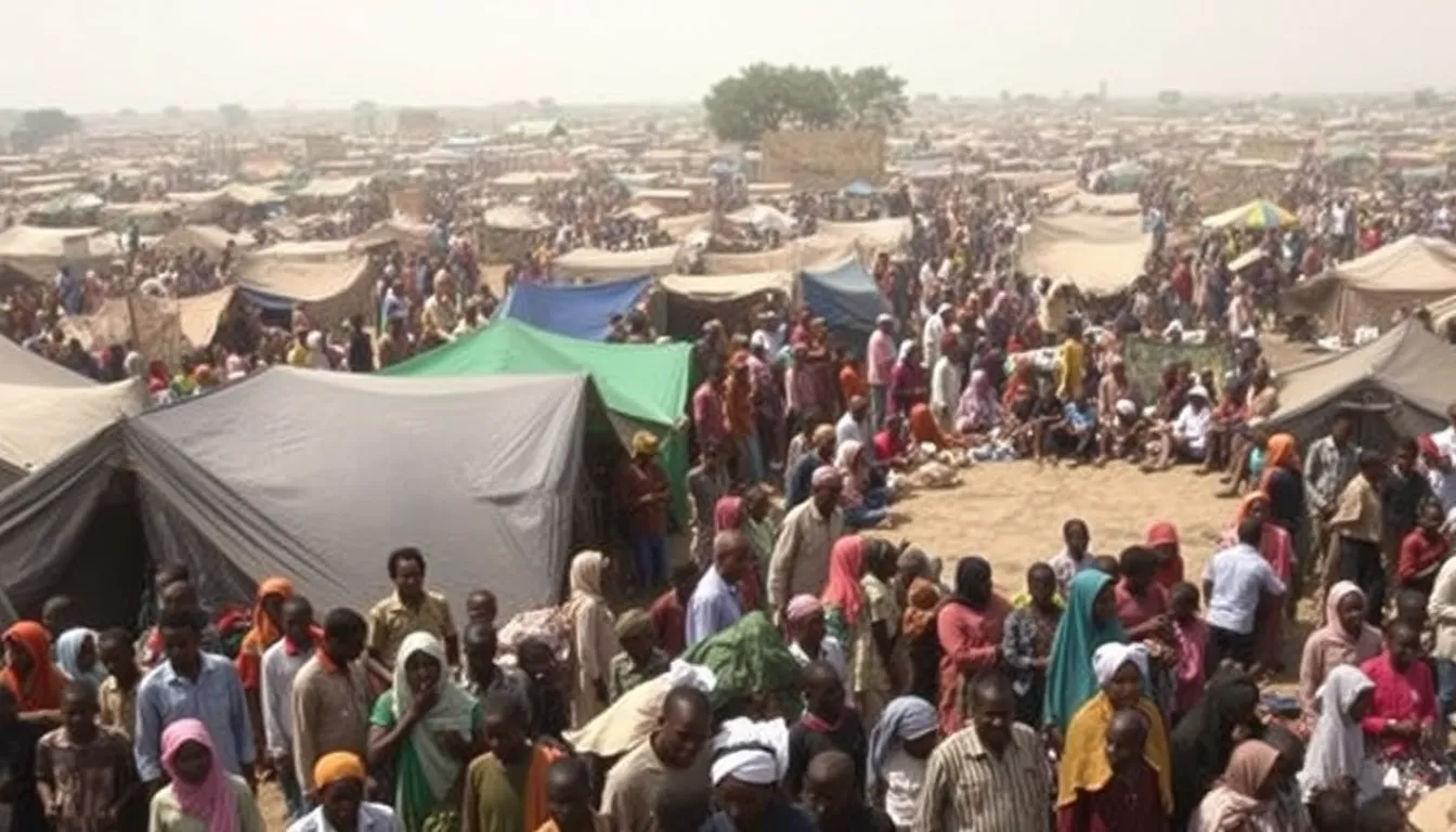 Civilians gather in a crowded makeshift camp in El Fasher, Sudan, as they seek refuge from the ongoing violence and humanitarian crisis caused by the RSF siege.