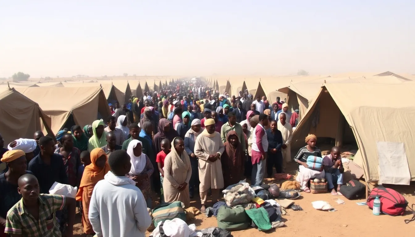 A crowded refugee camp in Darfur, showcasing the humanitarian crisis resulting from forced displacements