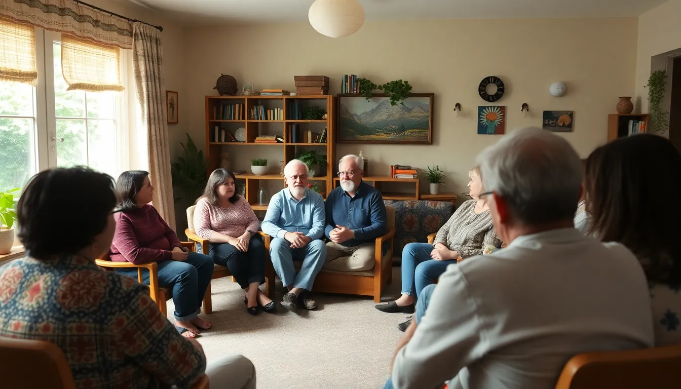 A serene space designed for open dialogue about mental health, where individuals feel comfortable expressing their struggles with intrusive thoughts