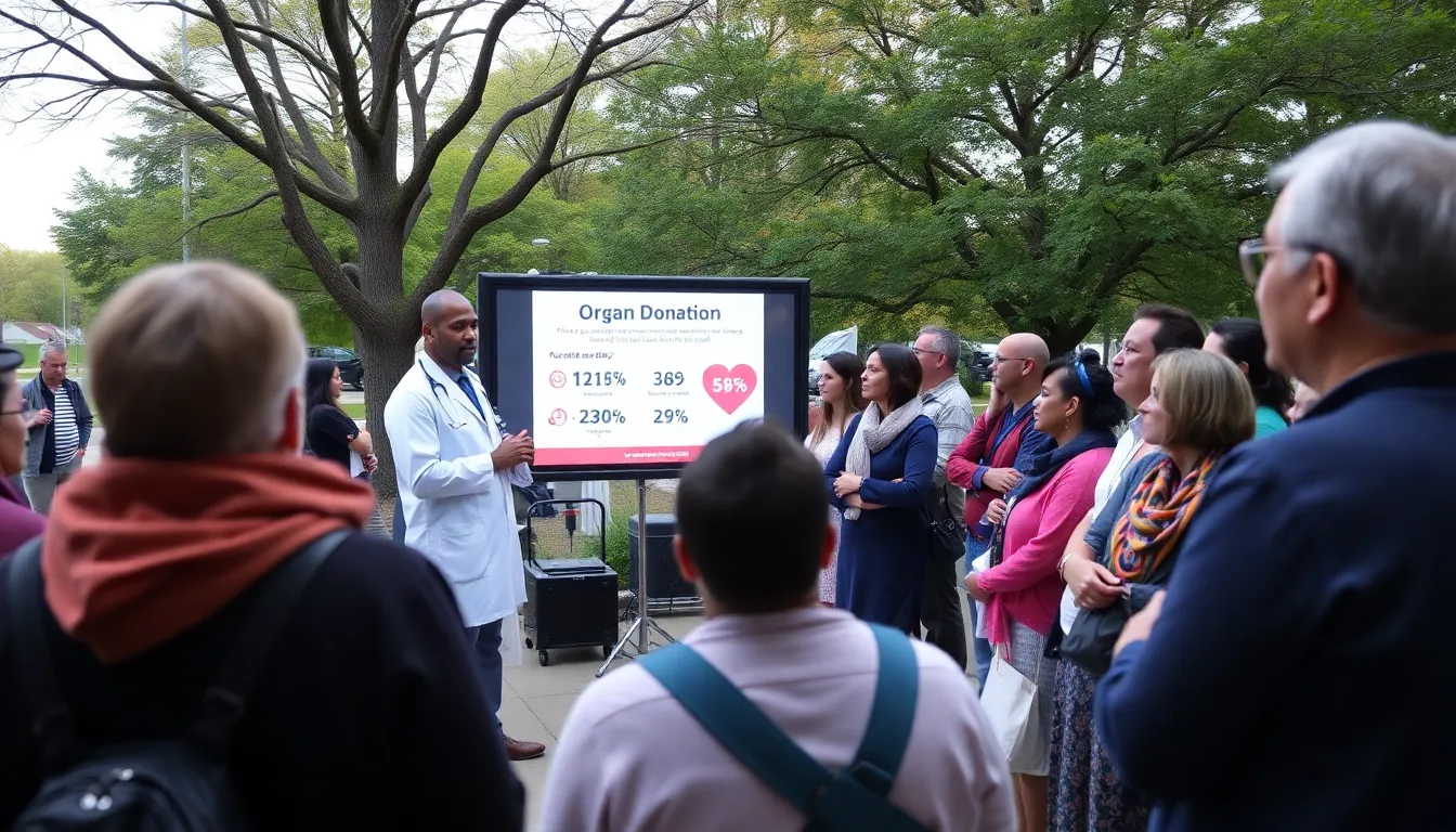 A healthcare professional discusses organ donation statistics with a group of concerned community members during a public awareness event.