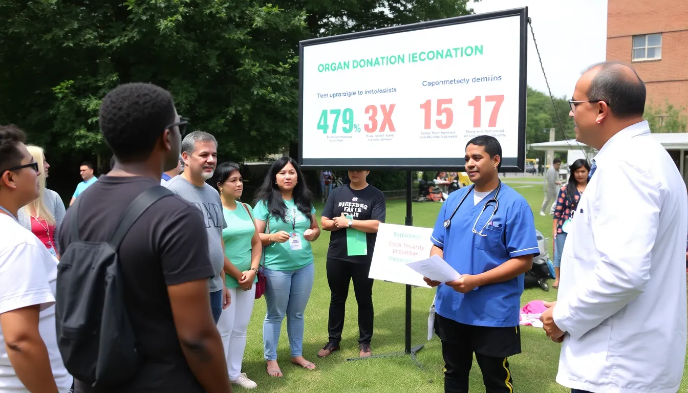 A group of young adults participating in a community event focused on organ donation education, showcasing efforts to reach younger demographics and dispel myths around the topic