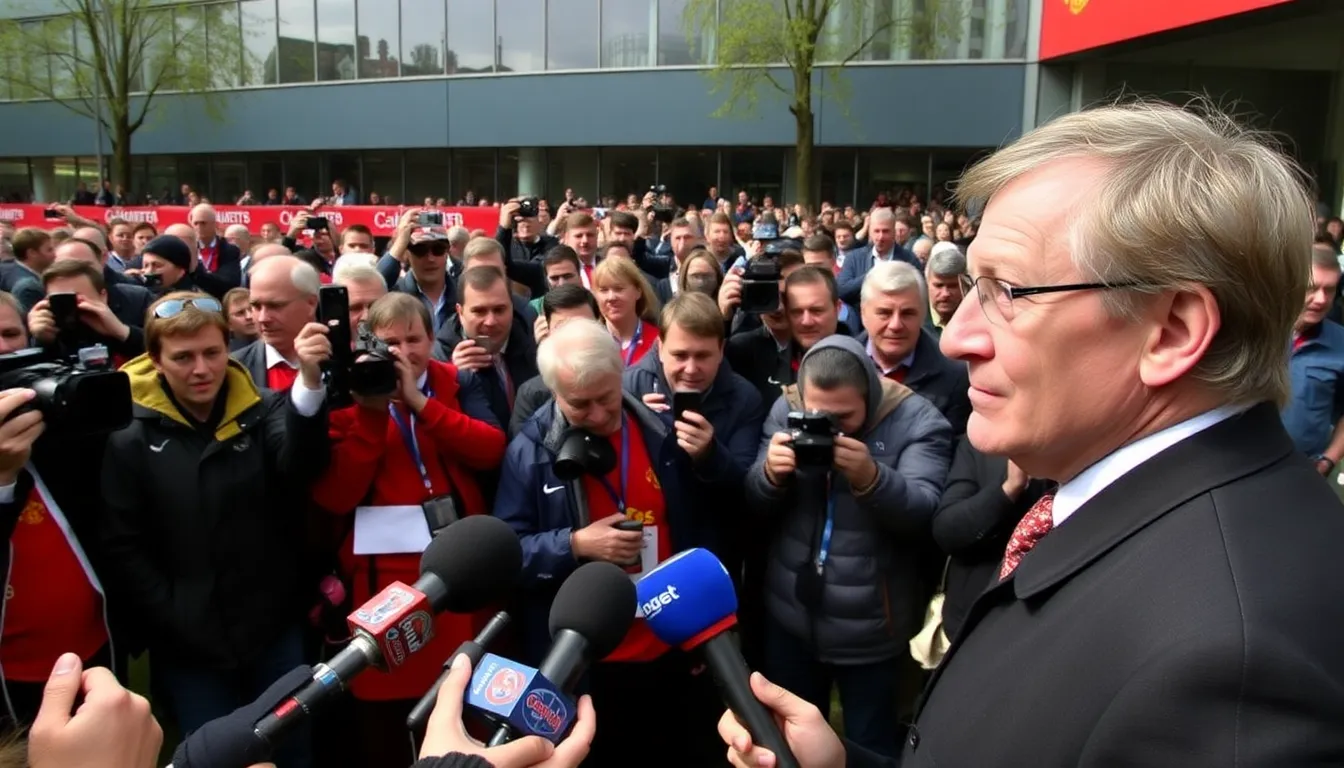 Sir Jim Ratcliffe speaks to reporters outside a Manchester United event, highlighting his interest in the club amidst ongoing financial challenges.