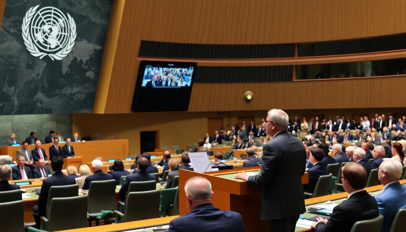 A group of diplomats engaged in discussions, highlighting the tension between national interests and the global responsibilities of member states regarding their financial contributions to the U.N