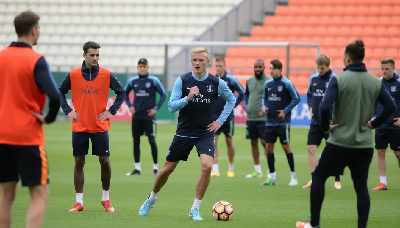 Erling Haaland looks focused as he trains on the pitch, surrounded by teammates, in preparation for upcoming matches with Manchester City.