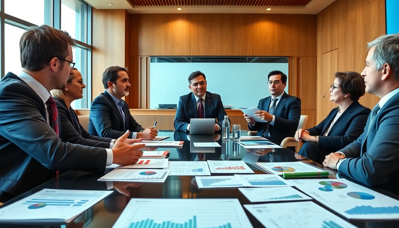 An office setting where business leaders are discussing strategies to adapt to increased borrowing costs and changing market conditions