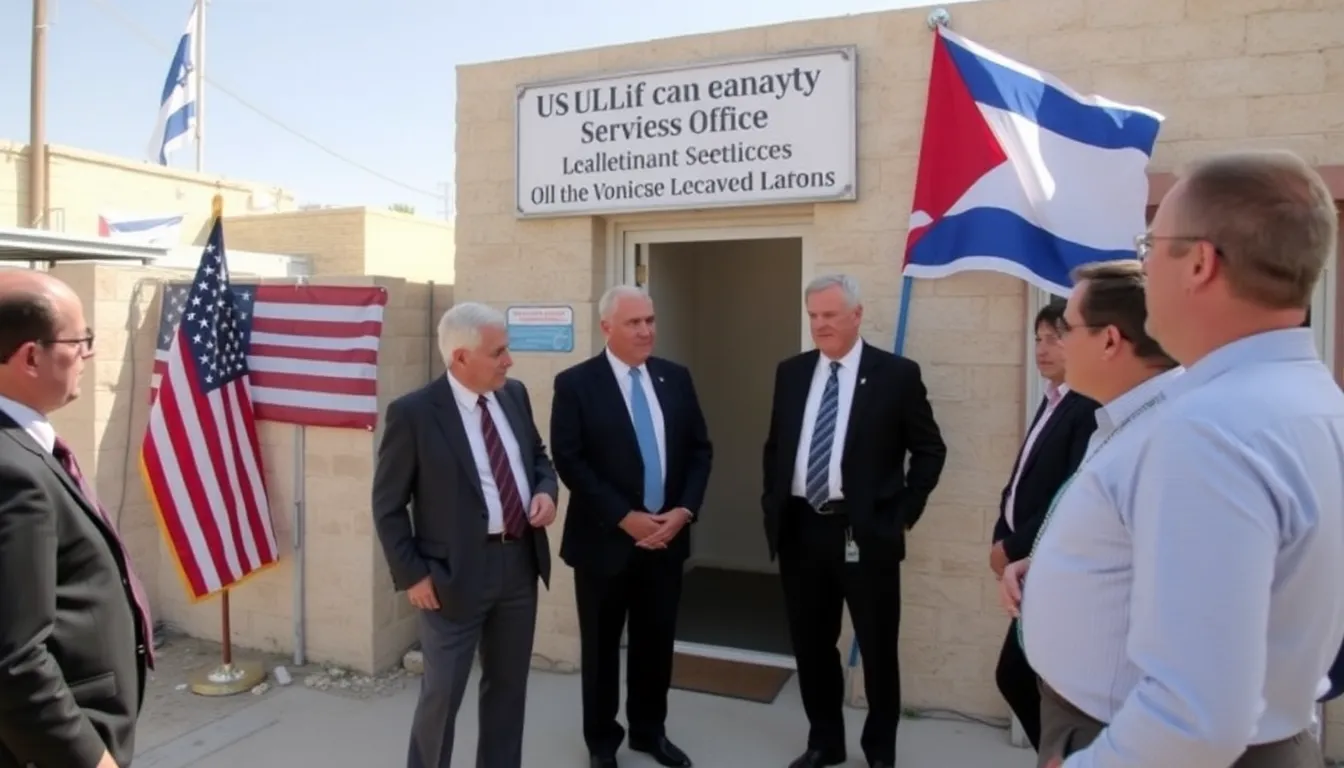 A group of officials stands outside a newly established U.S. embassy services office in a West Bank settlement, discussing the implications of this diplomatic shift amid a backdrop of Israeli and Palestinian flags.