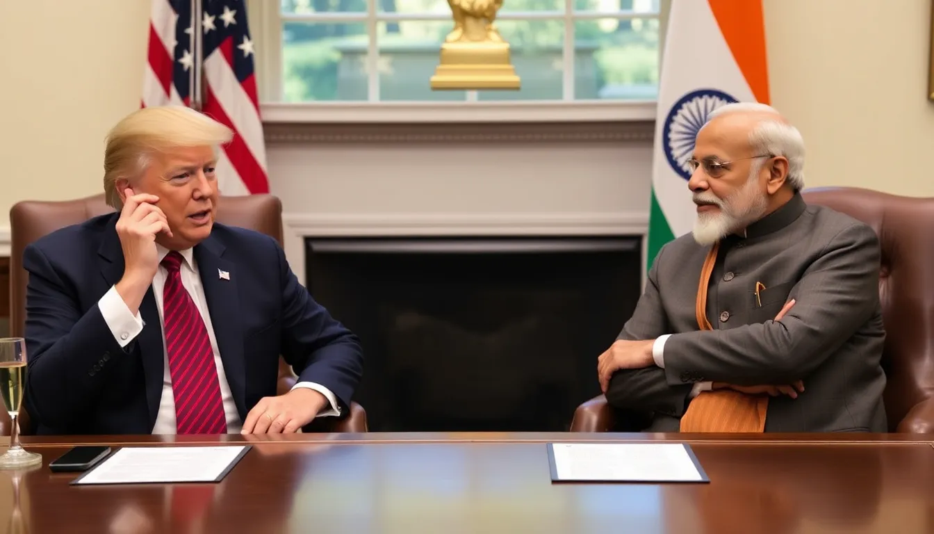 Former President Donald Trump and Indian Prime Minister Narendra Modi are seen speaking on the phone in a formal setting, symbolizing the recent trade agreement between the US and India.