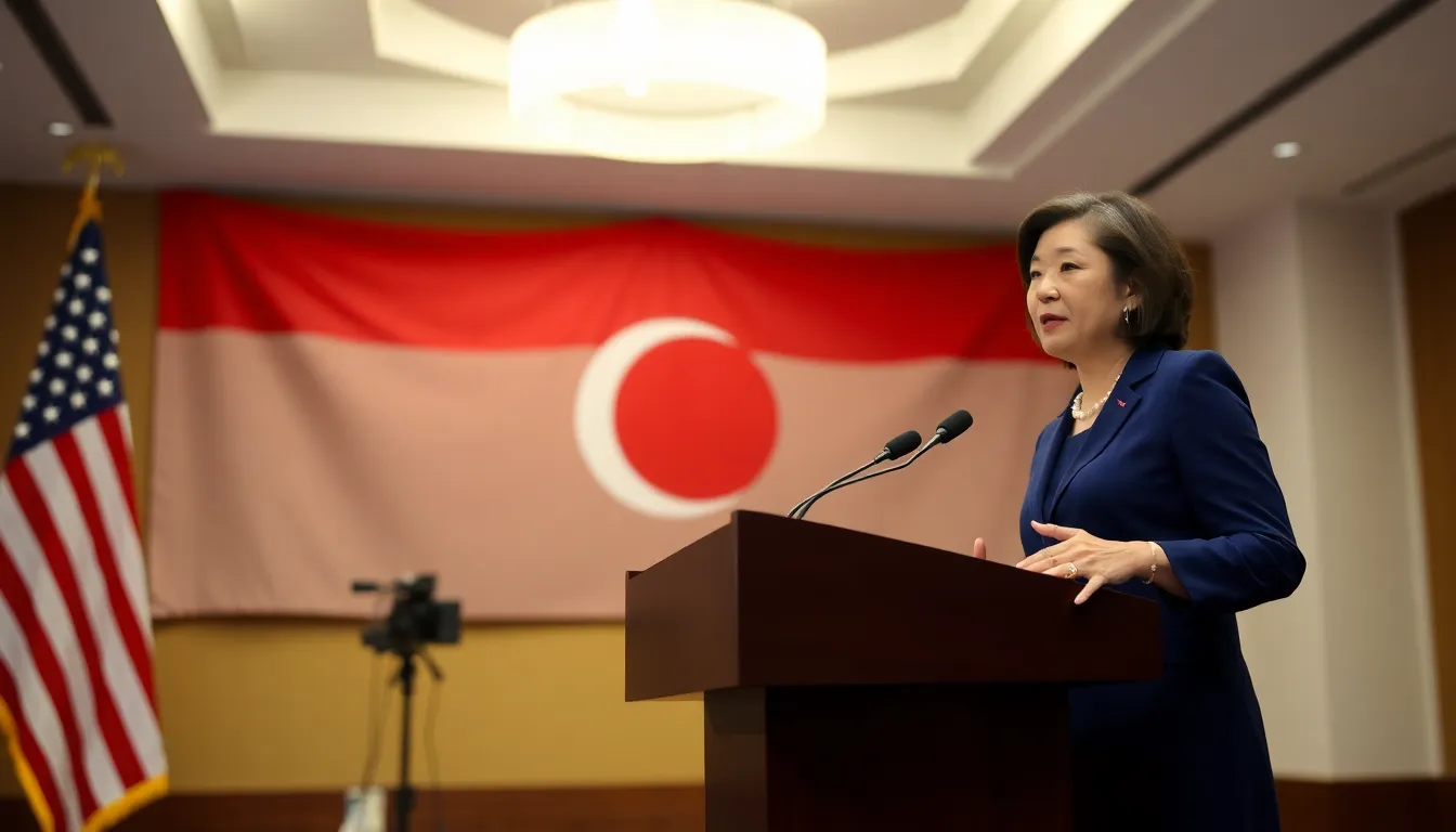 US Trade Representative Katherine Tai speaks at a podium during a press conference announcing the finalized tariff reduction agreement with Indonesia.