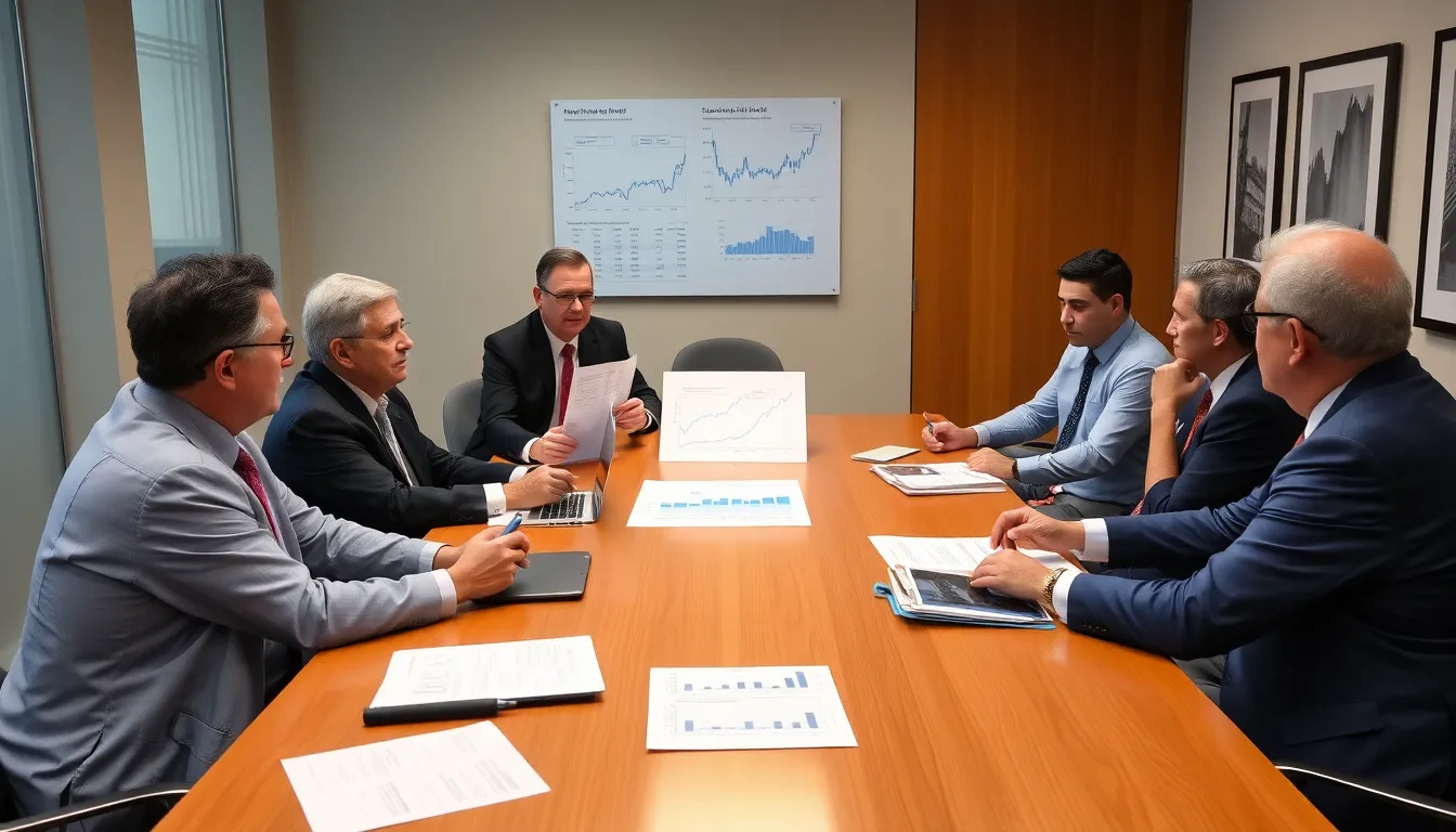 A group of economists and policymakers gather around a conference table, discussing recent data on U.S. inflation trends and their potential impact on the economy.